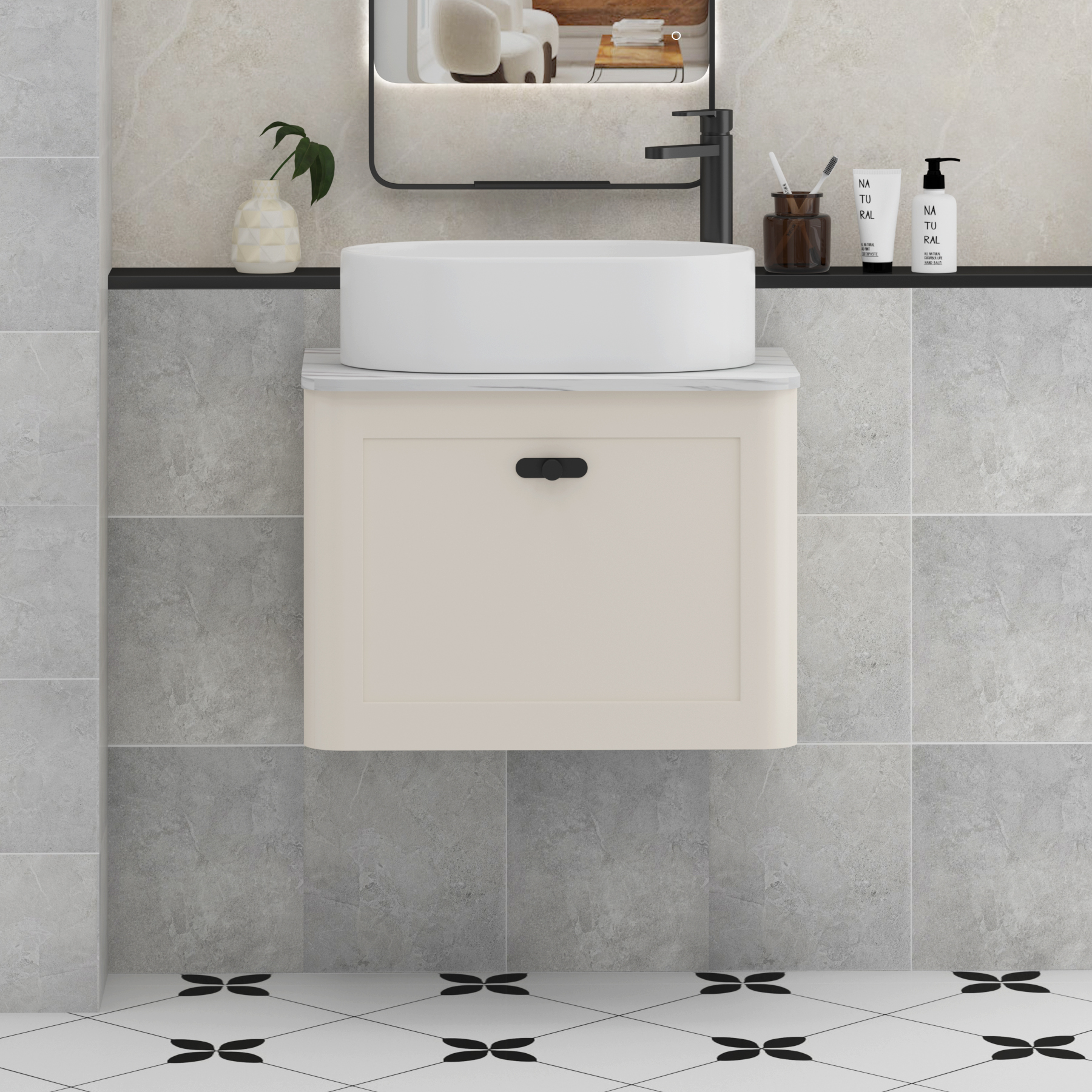 Henley Mushroom Cashmere Wall Hung Vanity Unit 1 Drawer with Carrara White Worktop & Various Basins & Knobs