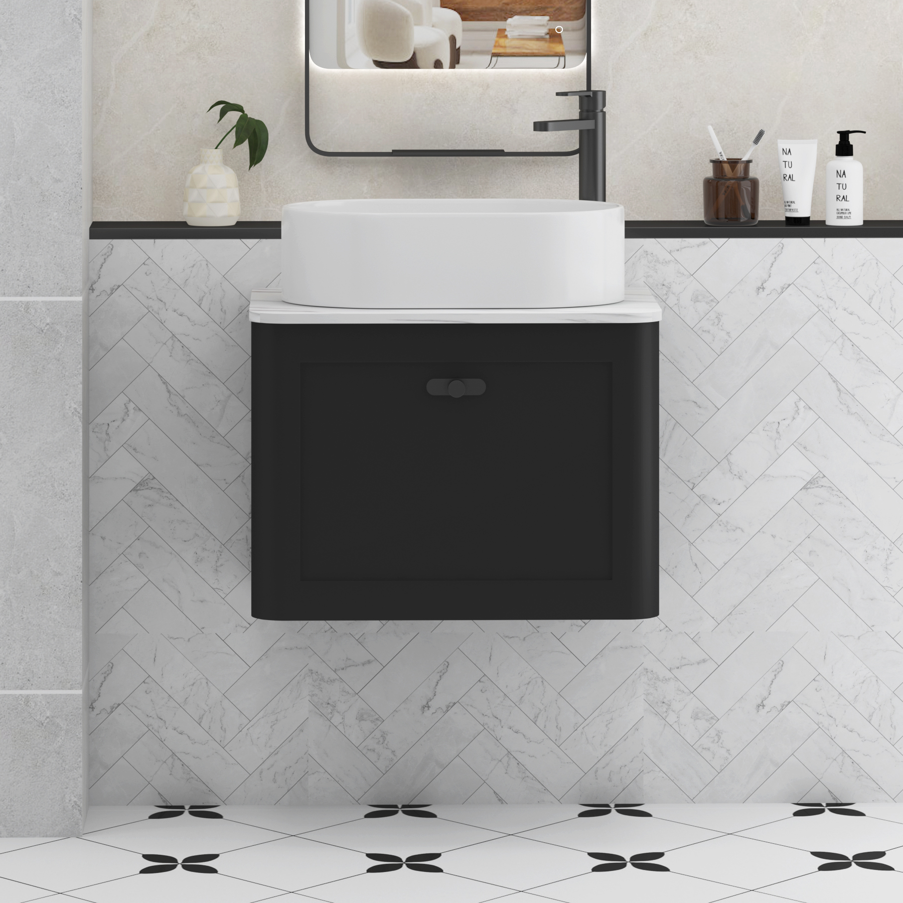 Henley Matt Nocturne Black Wall Hung Vanity Unit 1 Drawer with Carrara White Worktop & Various Basins & Knobs
