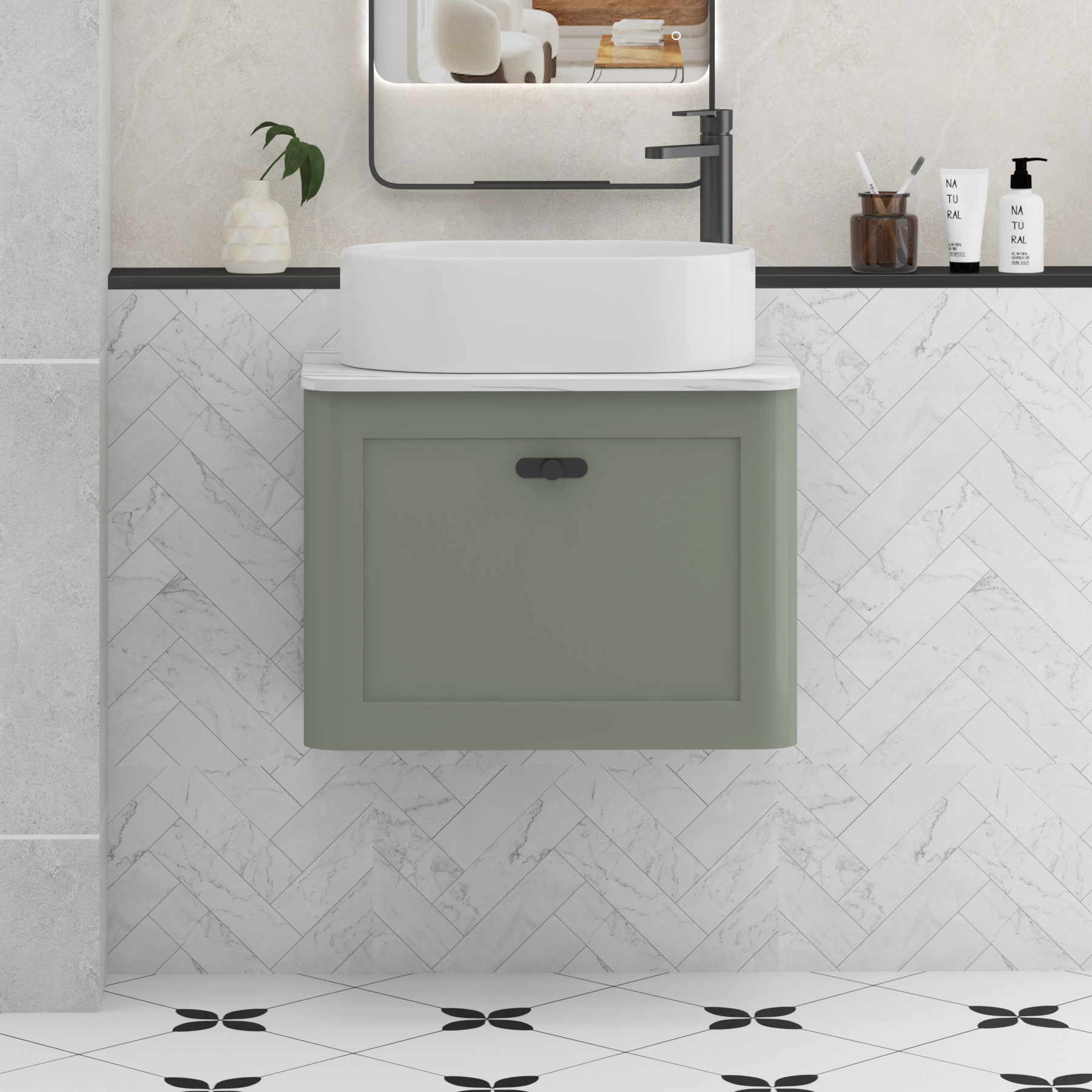 Henley Sage Green Wall Hung Vanity Unit 1 Drawer with Carrara White Worktop & Various Basins & Knobs