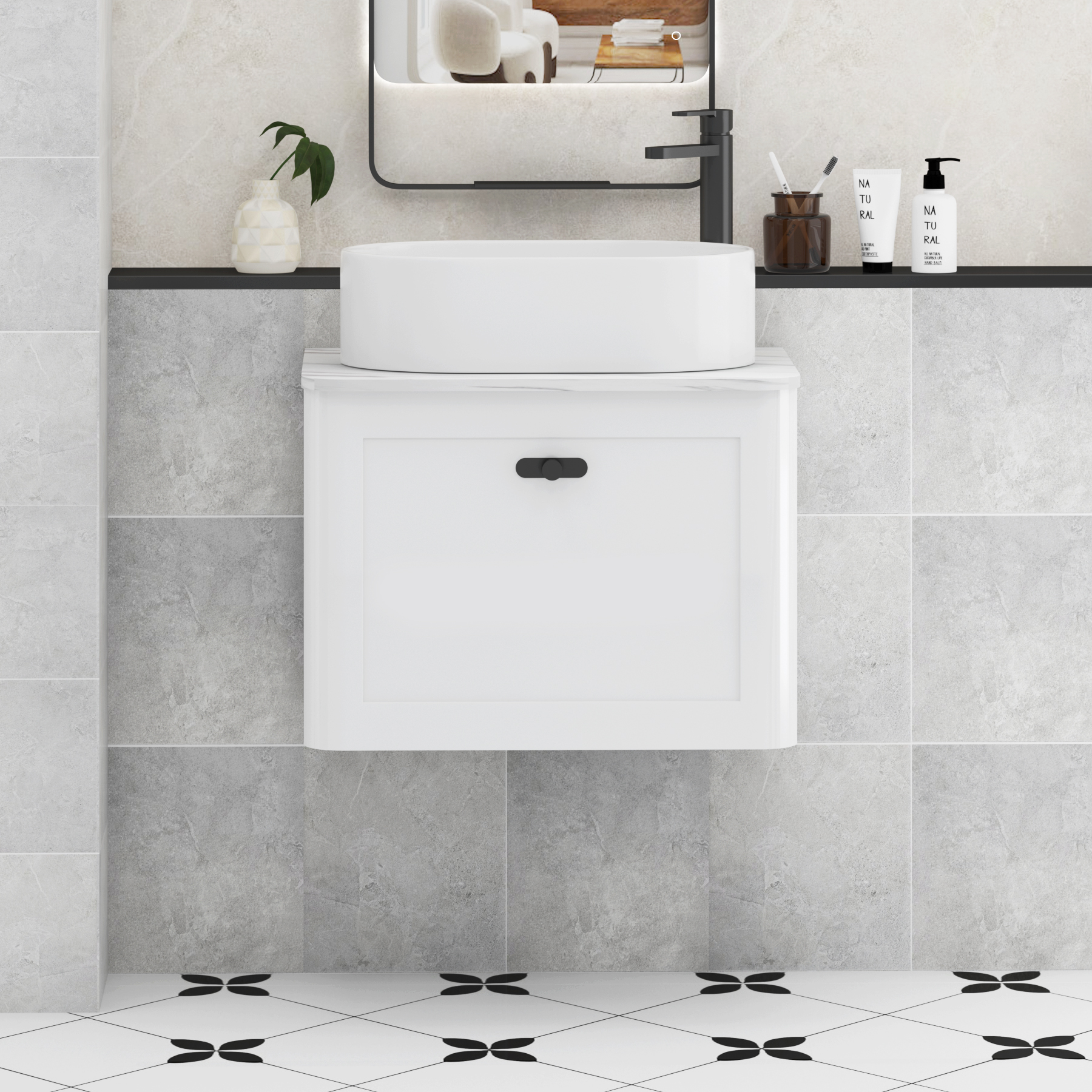 Henley Gloss White Wall Hung Vanity Unit 1 Drawer with Carrara White Worktop & Various Basins & Knobs