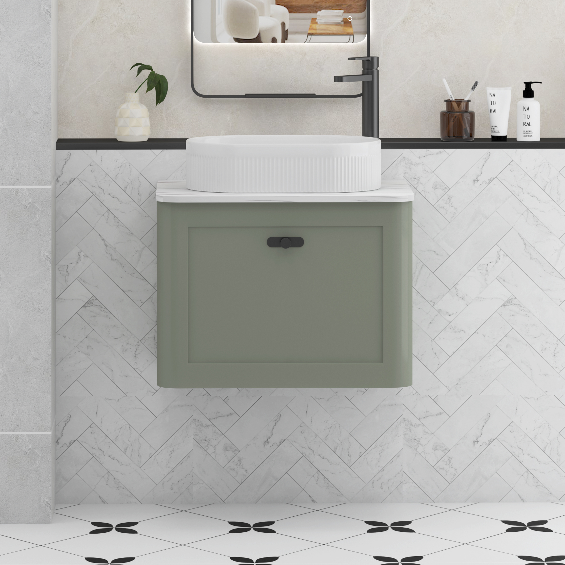 Henley Sage Green Wall Hung Vanity Unit 1 Drawer with Carrara White Worktop & Various Basins & Knobs