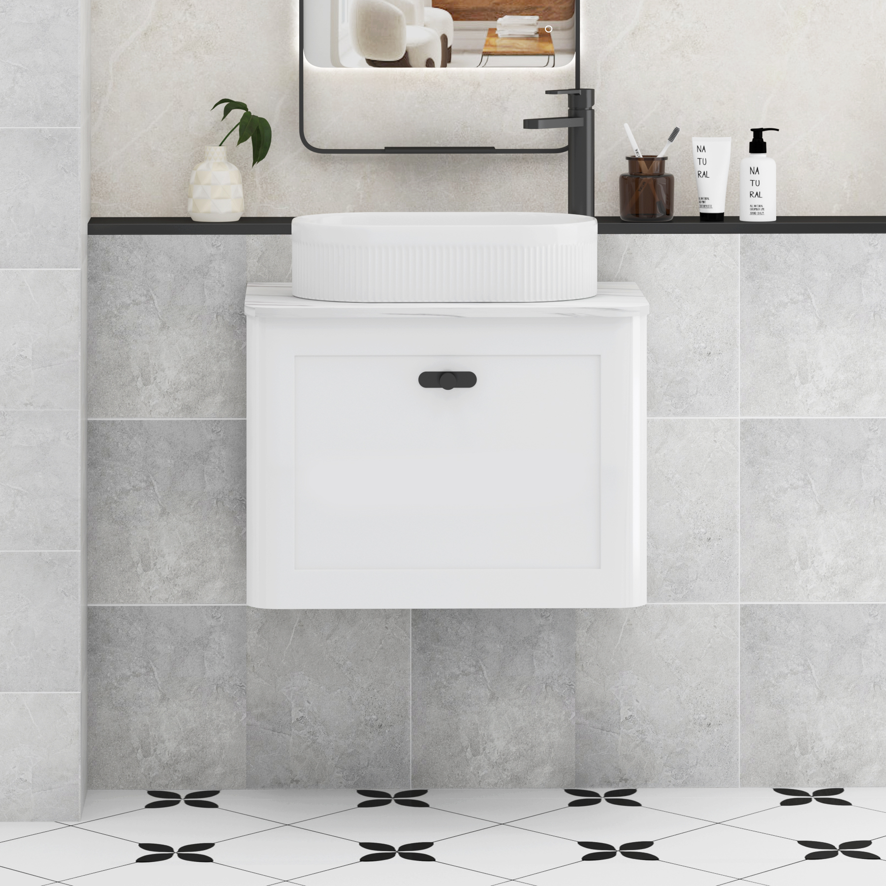 Henley Gloss White Wall Hung Vanity Unit 1 Drawer with Carrara White Worktop & Various Basins & Knobs