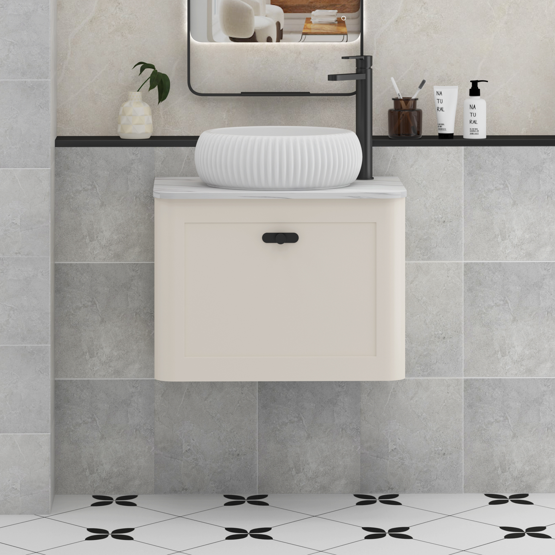 Henley Mushroom Cashmere Wall Hung Vanity Unit 1 Drawer with Carrara White Worktop & Various Basins & Knobs