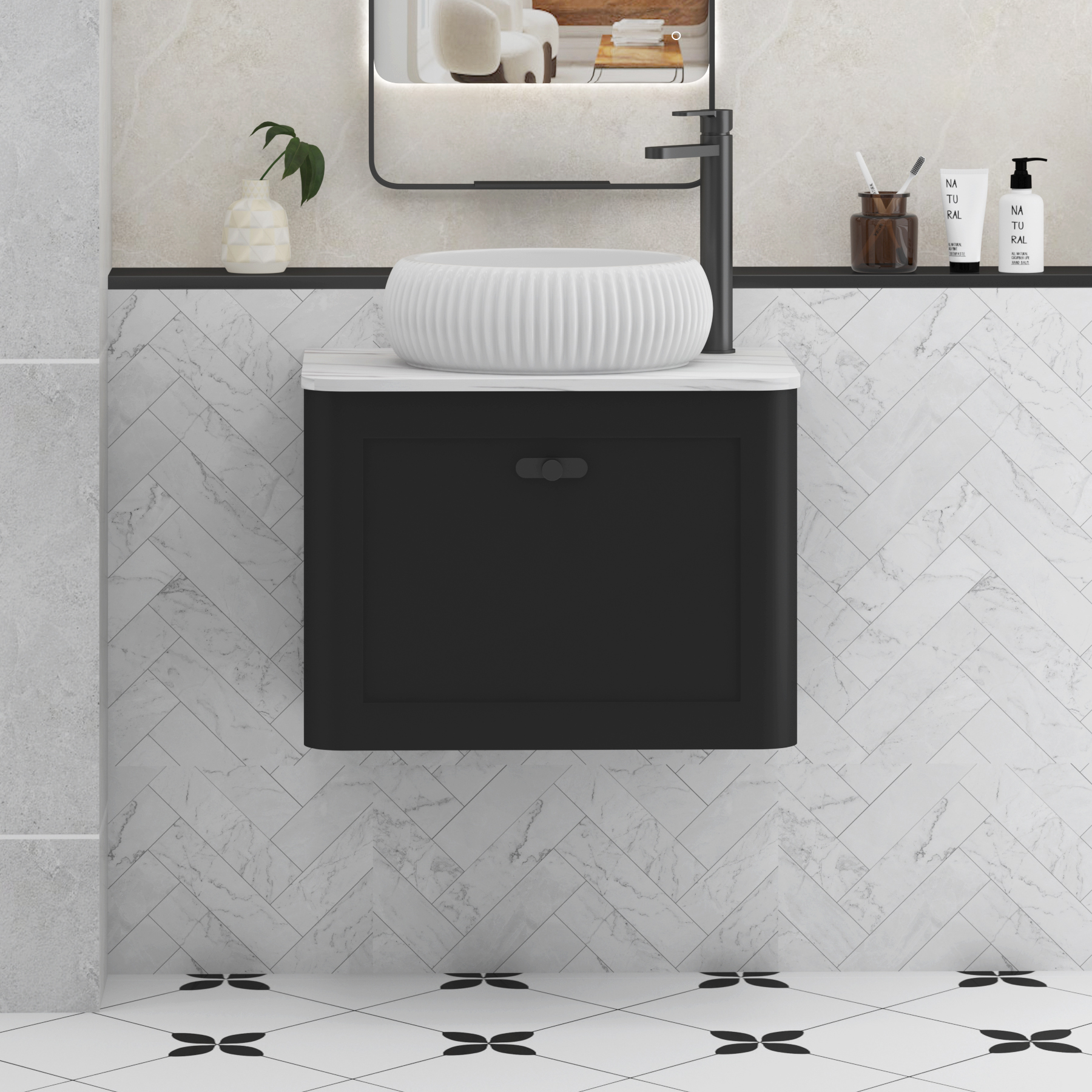 Henley Matt Nocturne Black Wall Hung Vanity Unit 1 Drawer with Carrara White Worktop & Various Basins & Knobs