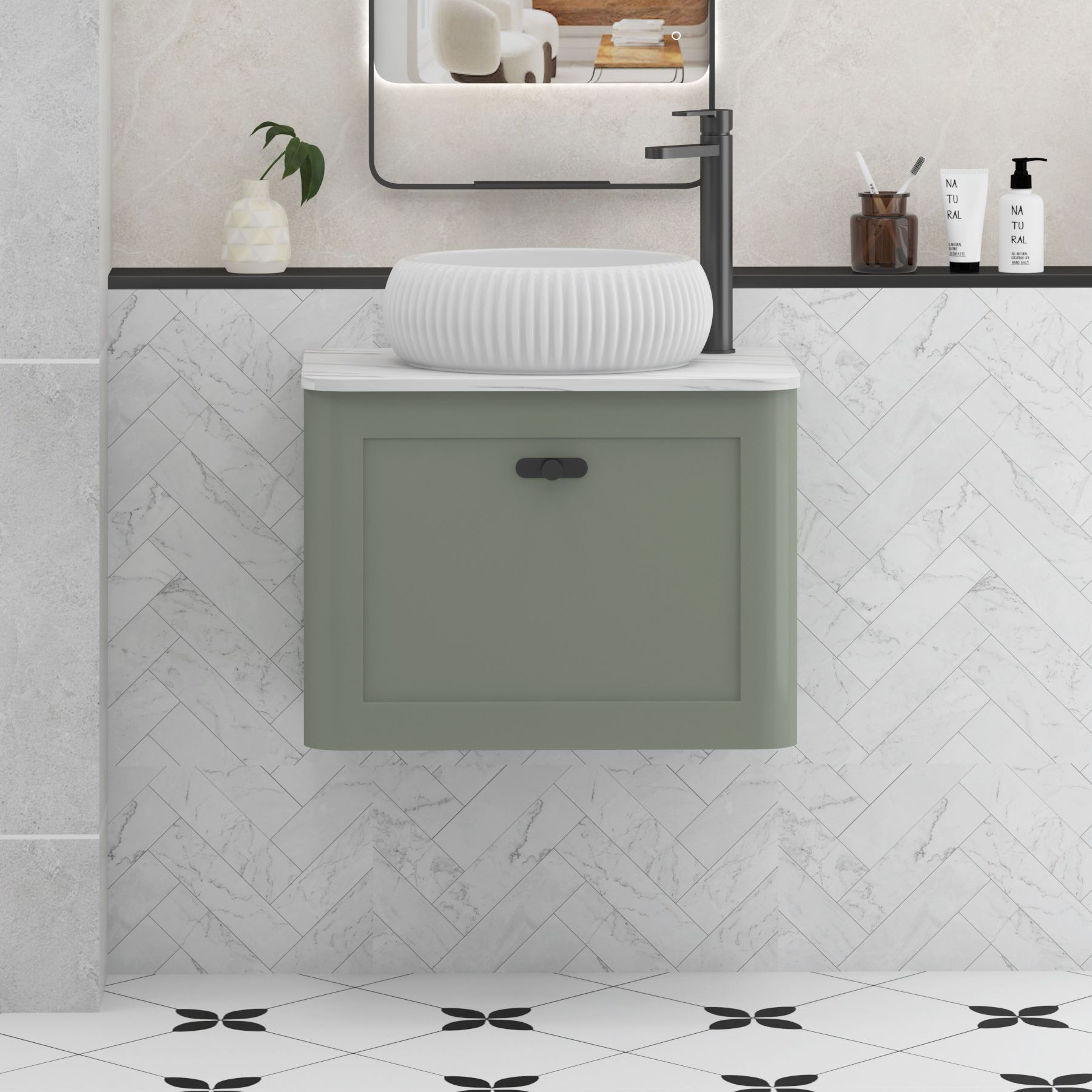 Henley Sage Green Wall Hung Vanity Unit 1 Drawer with Carrara White Worktop & Various Basins & Knobs