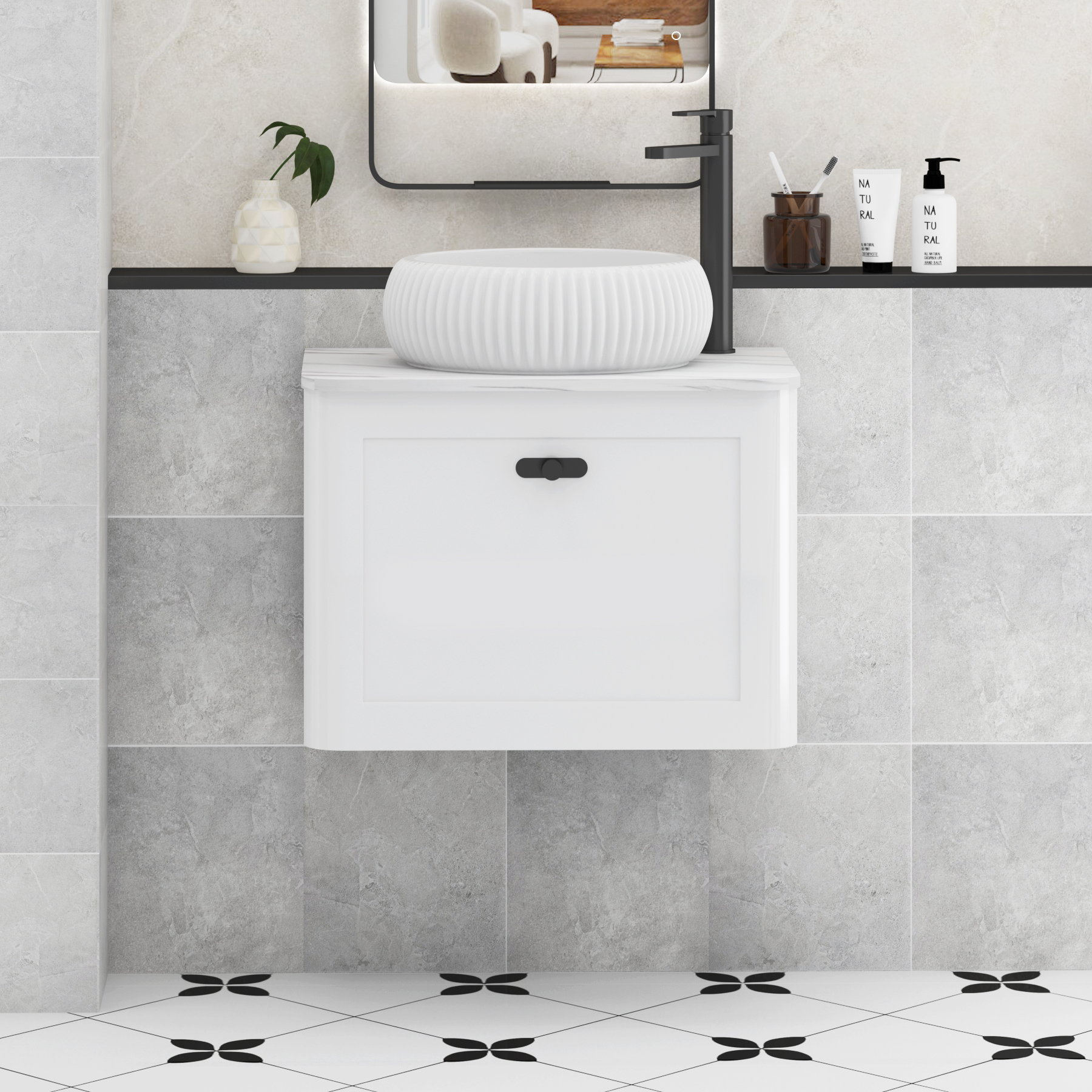 Henley Gloss White Wall Hung Vanity Unit 1 Drawer with Carrara White Worktop & Various Basins & Knobs
