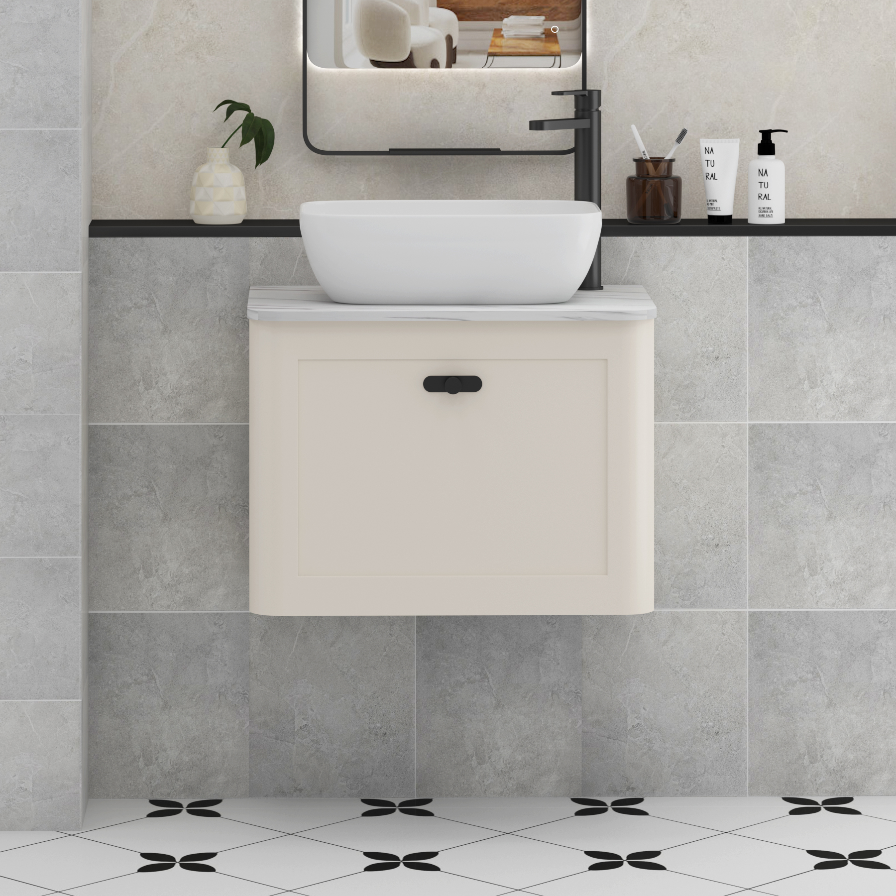 Henley Mushroom Cashmere Wall Hung Vanity Unit 1 Drawer with Carrara White Worktop & Various Basins & Knobs