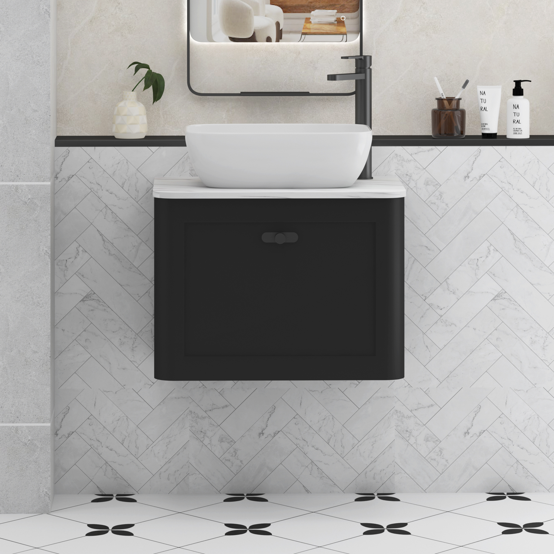 Henley Matt Nocturne Black Wall Hung Vanity Unit 1 Drawer with Carrara White Worktop & Various Basins & Knobs