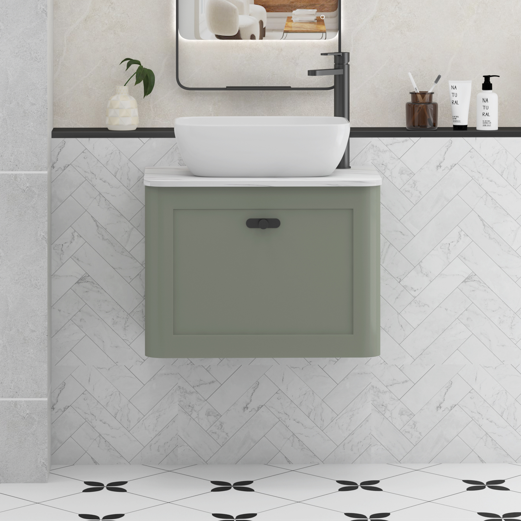 Henley Sage Green Wall Hung Vanity Unit 1 Drawer with Carrara White Worktop & Various Basins & Knobs
