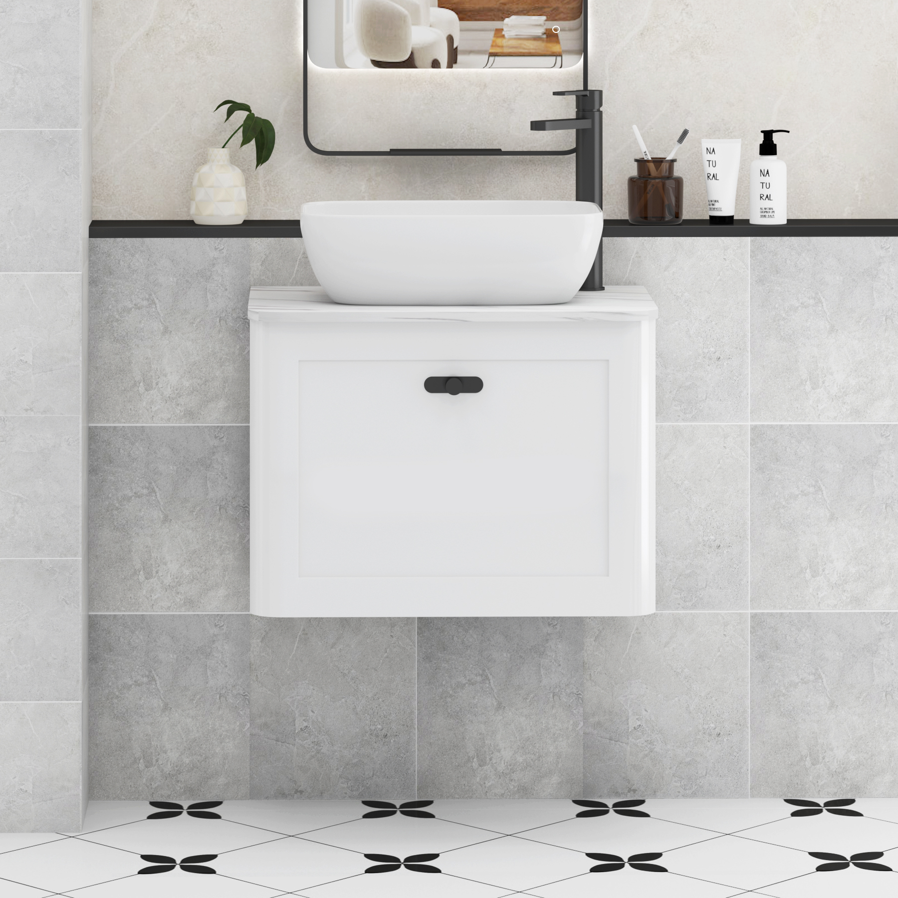 Henley Gloss White Wall Hung Vanity Unit 1 Drawer with Carrara White Worktop & Various Basins & Knobs