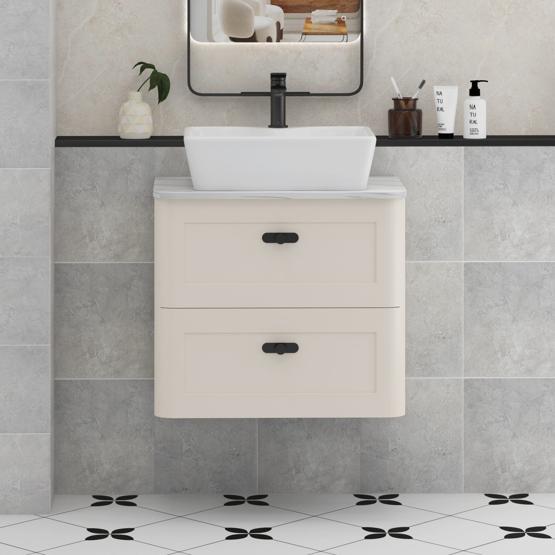 Henley Mushroom Cashmere Wall Hung Vanity Unit 2 Drawer with Carrara White Worktop & Various Basins & Knobs
