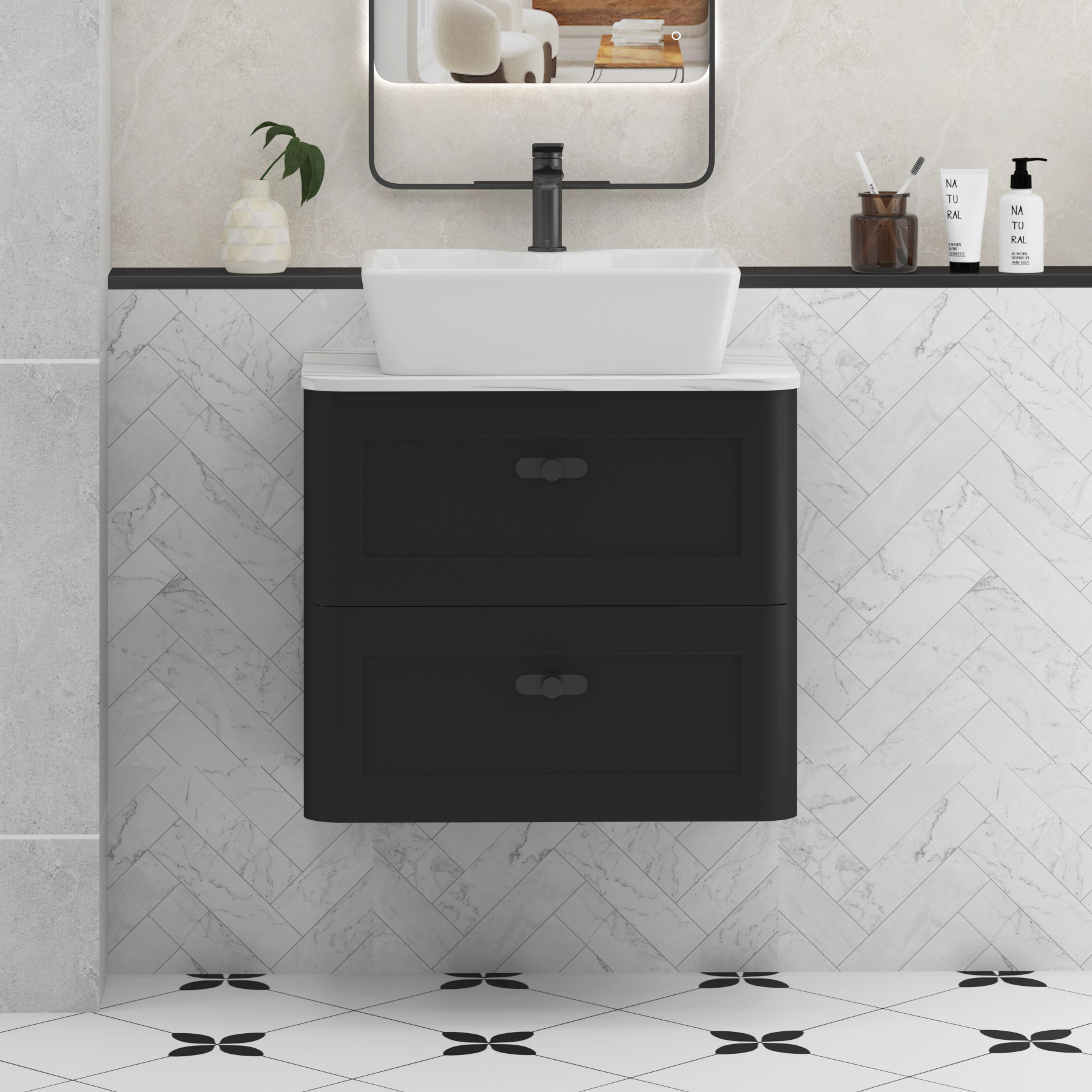 Henley Matt Nocturne Black Wall Hung Vanity Unit 2 Drawer with Carrara White Worktop & Various Basins & Knobs