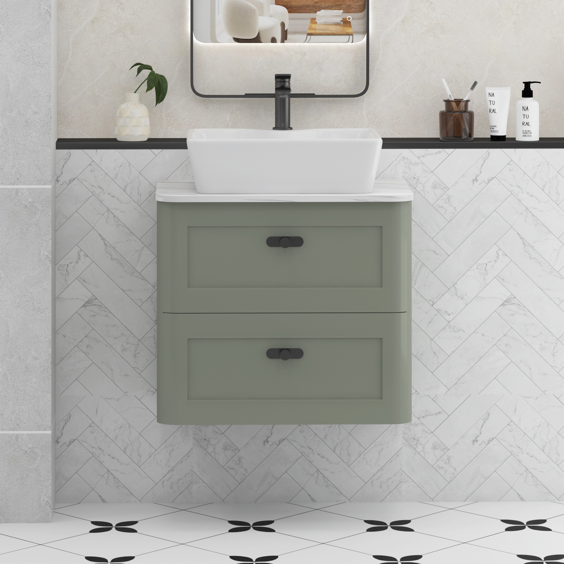 Henley Sage Green Wall Hung Vanity Unit 2 Drawer with Carrara White Worktop & Various Basins & Knobs