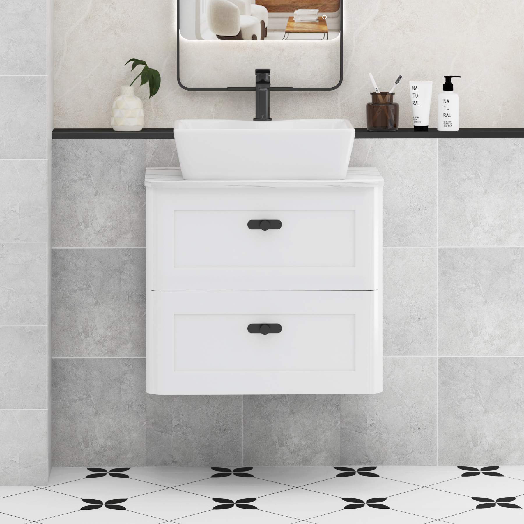 Henley Gloss White Wall Hung Vanity Unit 2 Drawer with Carrara White Worktop & Various Basins & Knobs