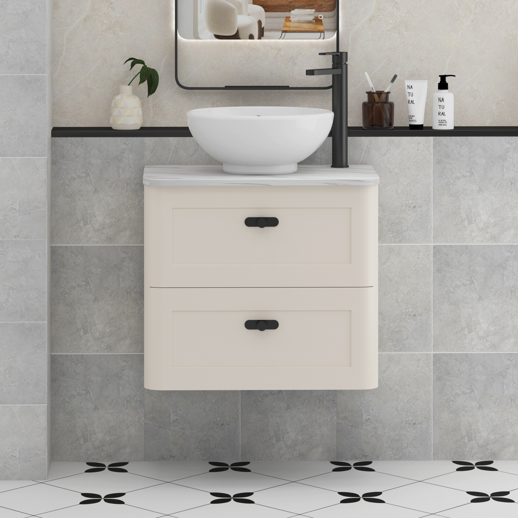 Henley Mushroom Cashmere Wall Hung Vanity Unit 2 Drawer with Carrara White Worktop & Various Basins & Knobs