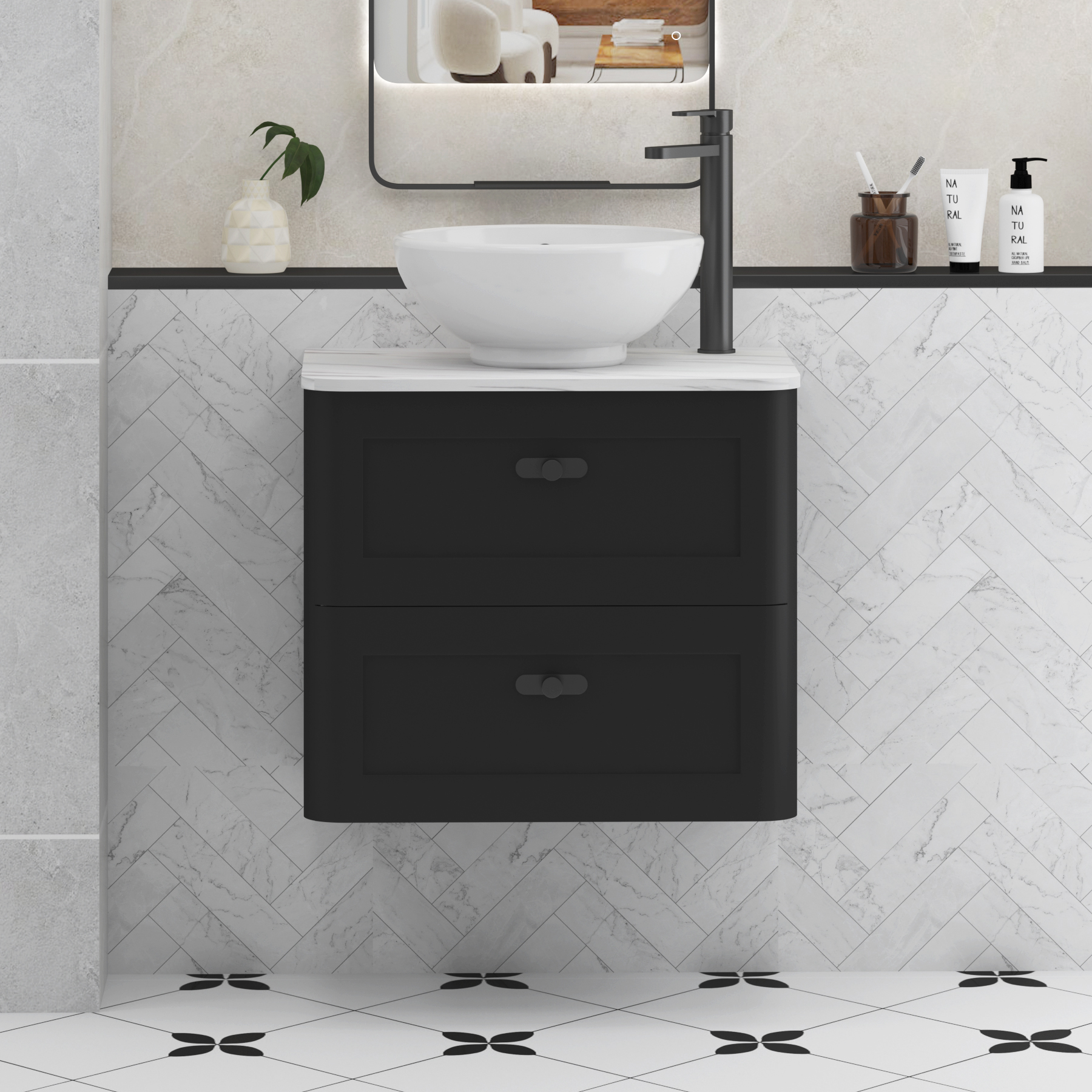 Henley Matt Nocturne Black Wall Hung Vanity Unit 2 Drawer with Carrara White Worktop & Various Basins & Knobs