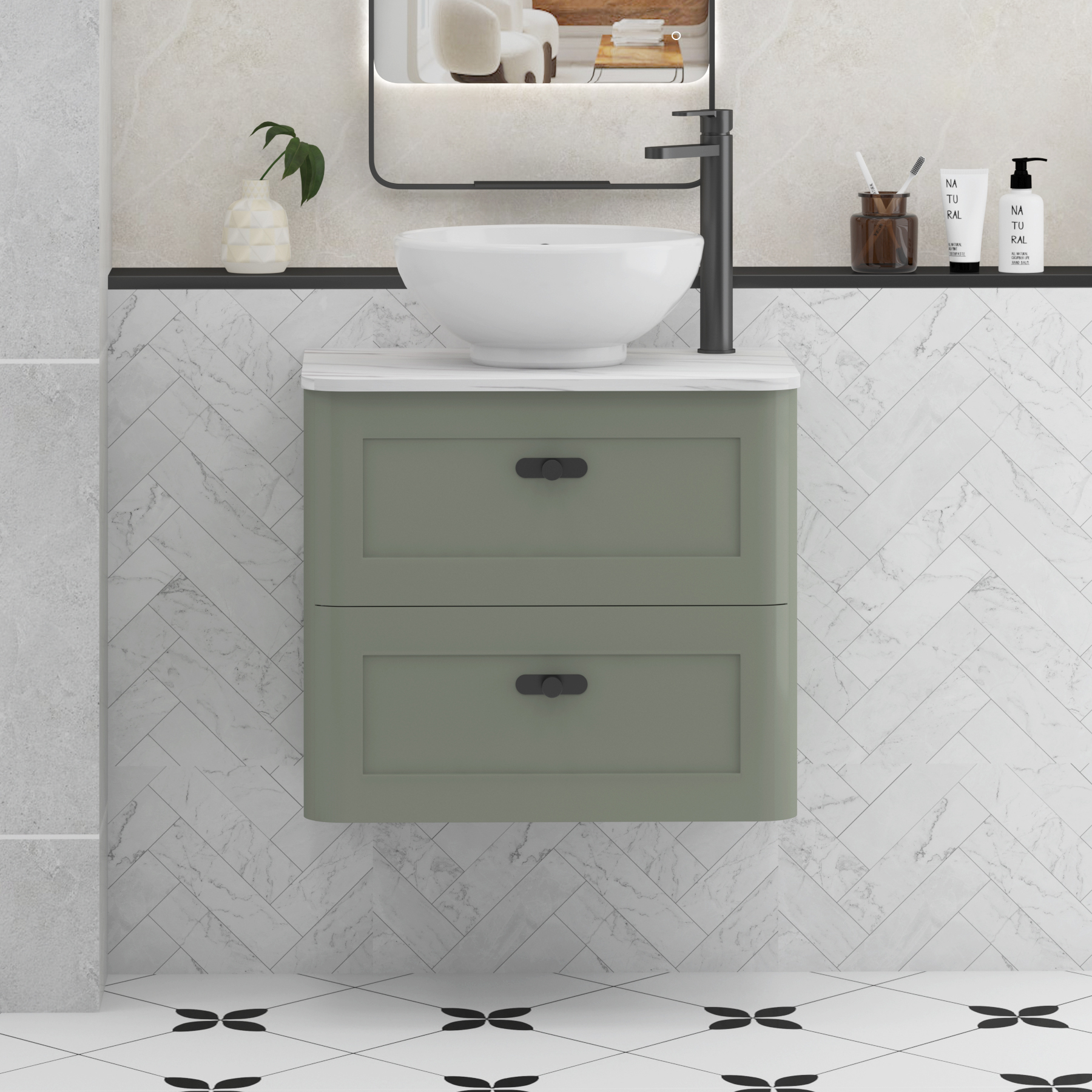 Henley Sage Green Wall Hung Vanity Unit 2 Drawer with Carrara White Worktop & Various Basins & Knobs