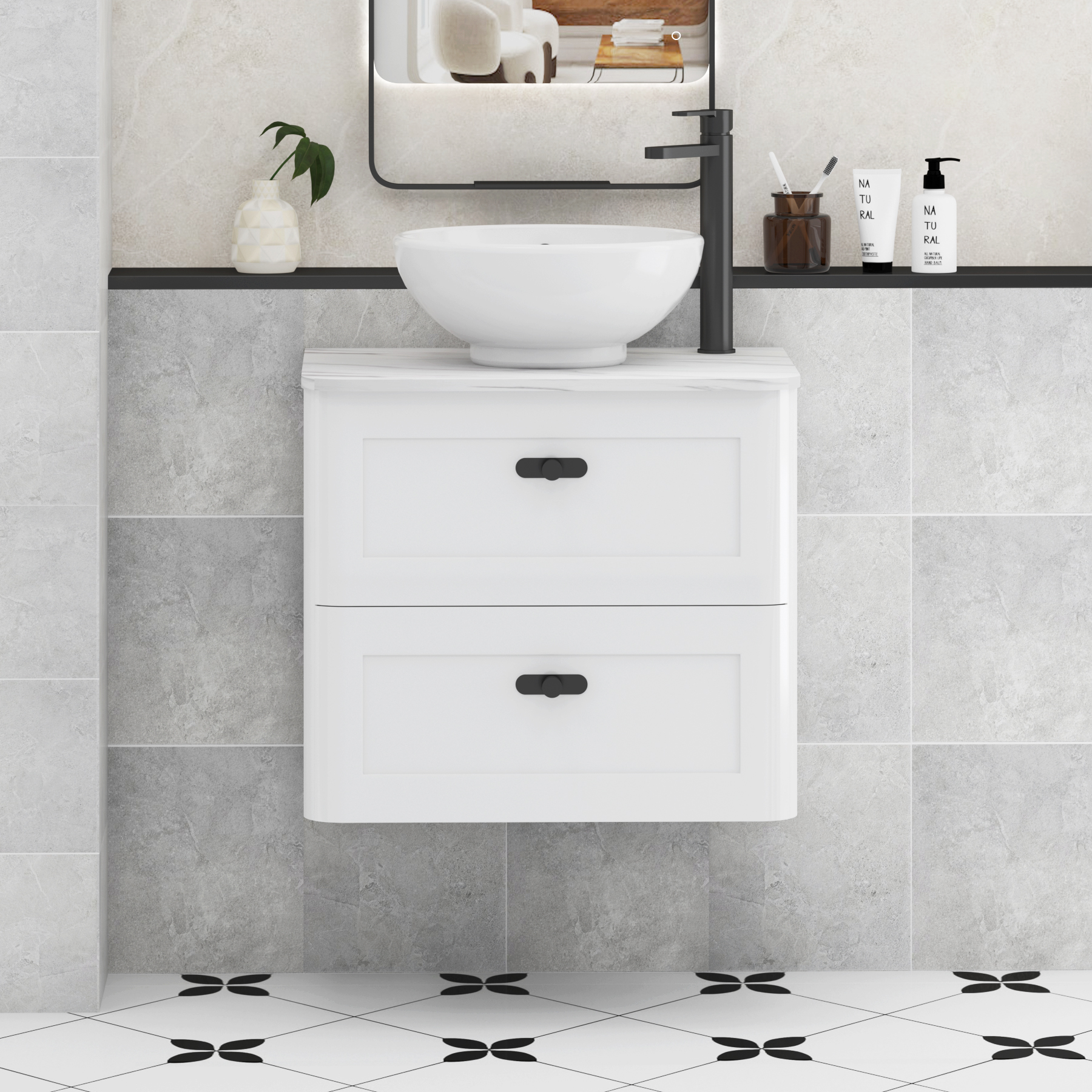 Henley Gloss White Wall Hung Vanity Unit 2 Drawer with Carrara White Worktop & Various Basins & Knobs