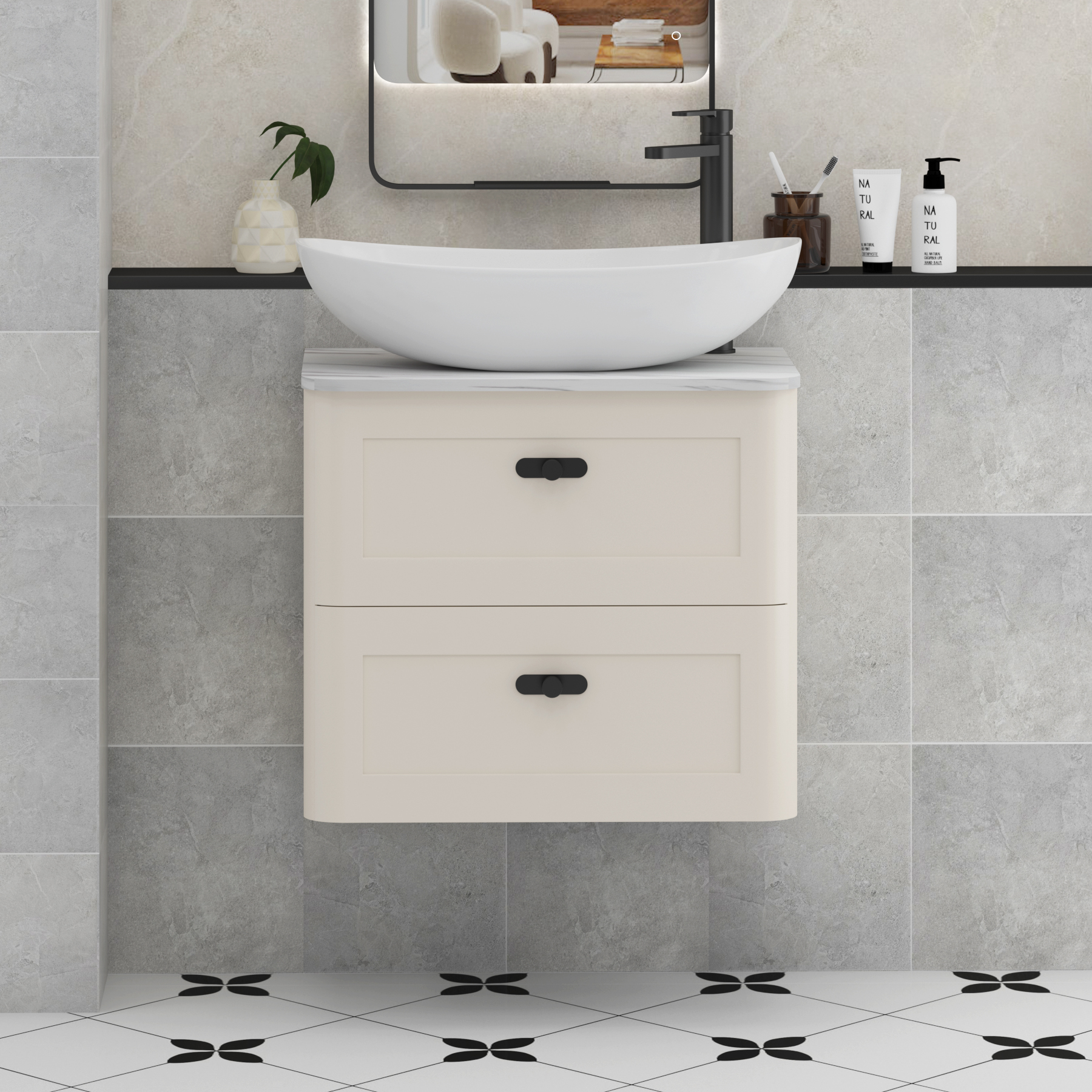 Henley Mushroom Cashmere Wall Hung Vanity Unit 2 Drawer with Carrara White Worktop & Various Basins & Knobs