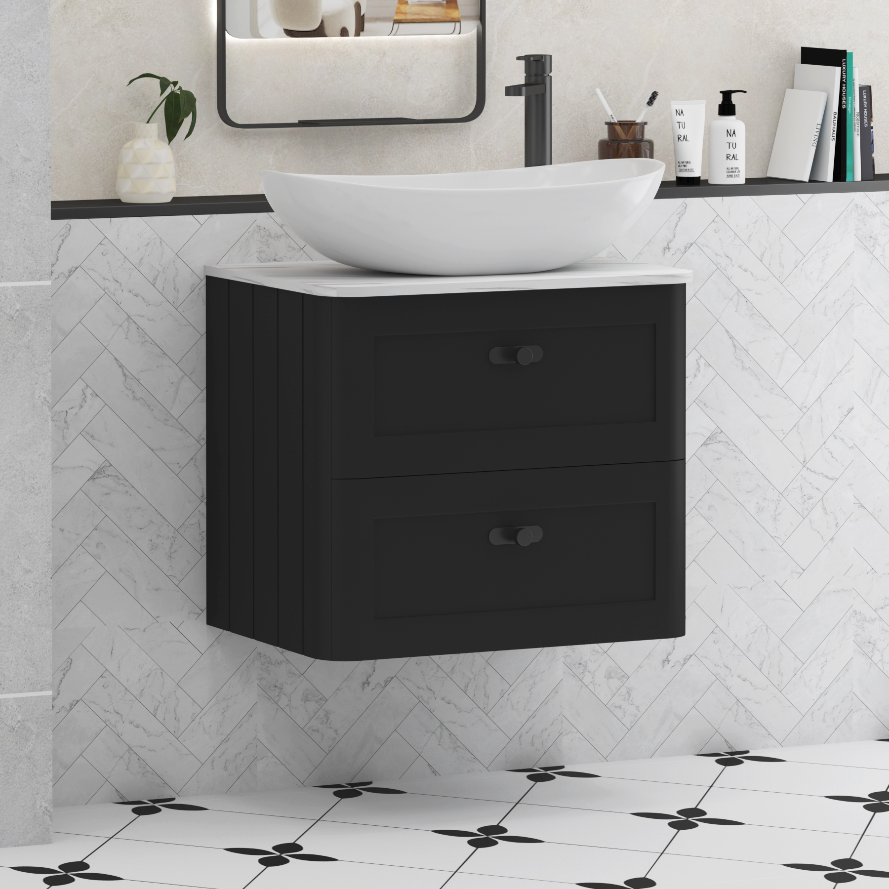 Henley Matt Nocturne Black Wall Hung Vanity Unit 2 Drawer with Carrara White Worktop & Various Basins & Knobs