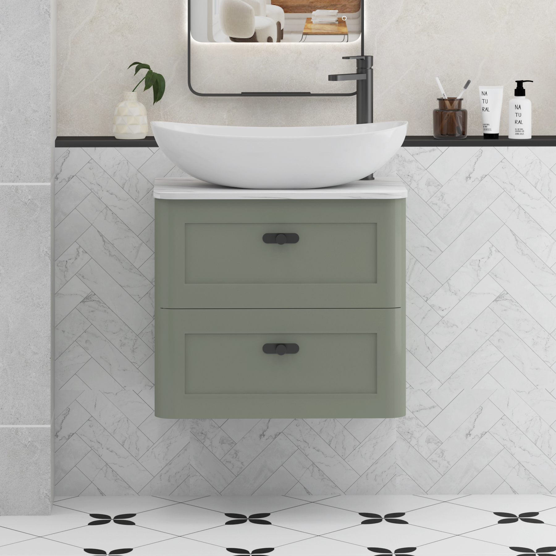 Henley Sage Green Wall Hung Vanity Unit 2 Drawer with Carrara White Worktop & Various Basins & Knobs