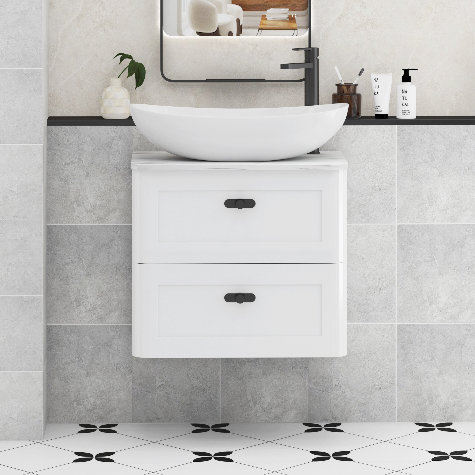 Henley Gloss White Wall Hung Vanity Unit 2 Drawer with Carrara White Worktop & Various Basins & Knobs