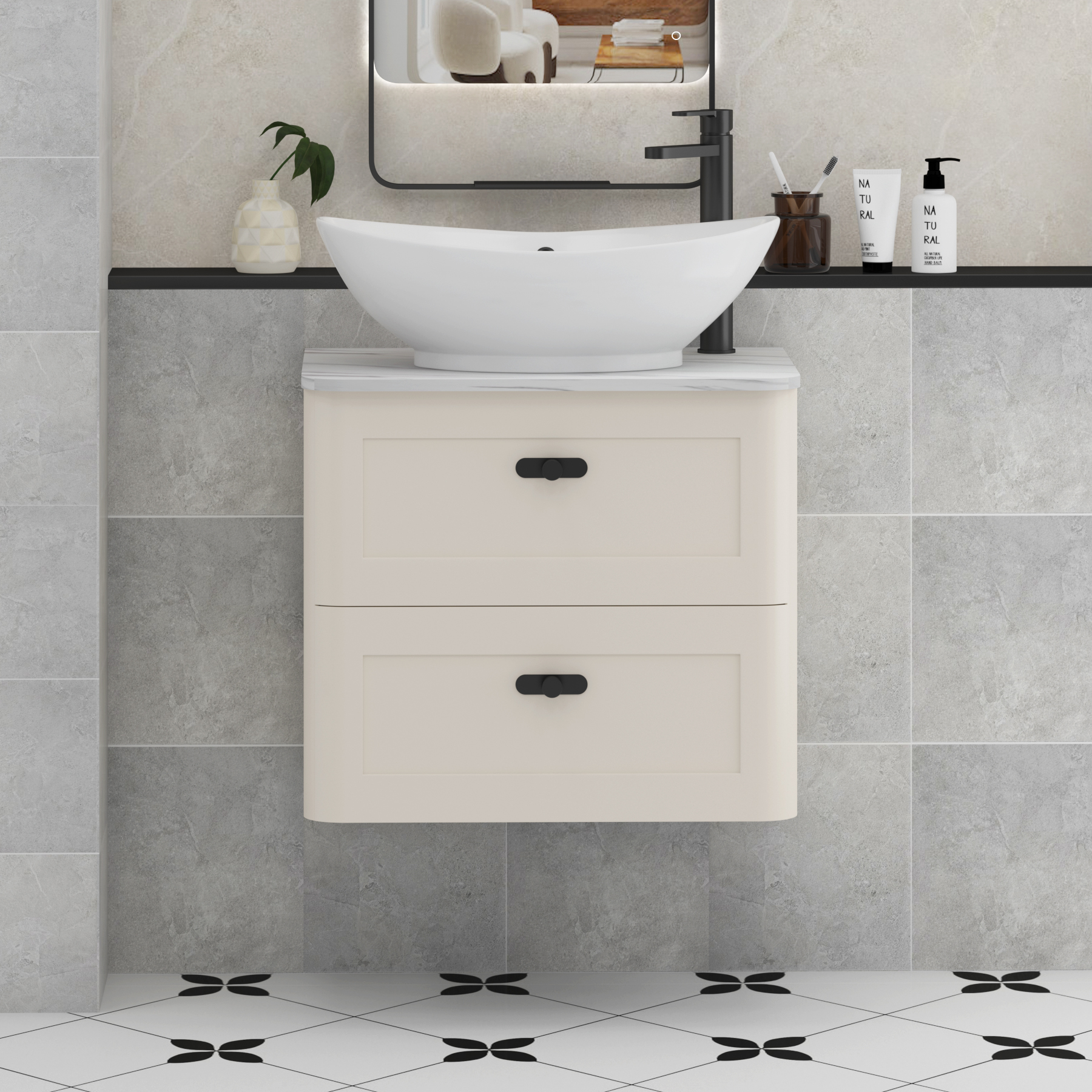 Henley Mushroom Cashmere Wall Hung Vanity Unit 2 Drawer with Carrara White Worktop & Various Basins & Knobs