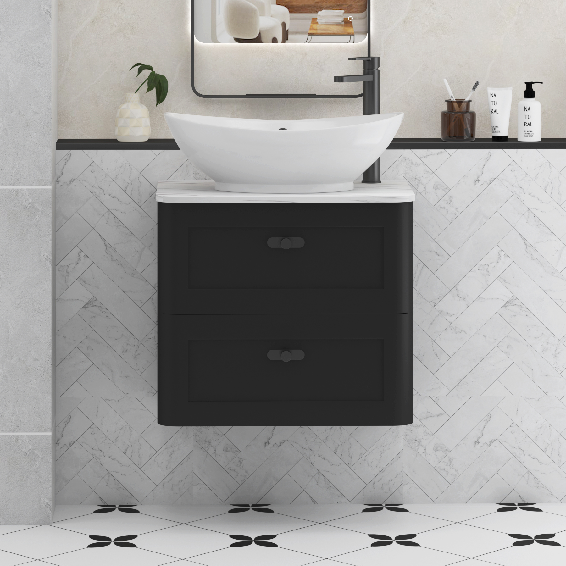 Henley Matt Nocturne Black Wall Hung Vanity Unit 2 Drawer with Carrara White Worktop & Various Basins & Knobs