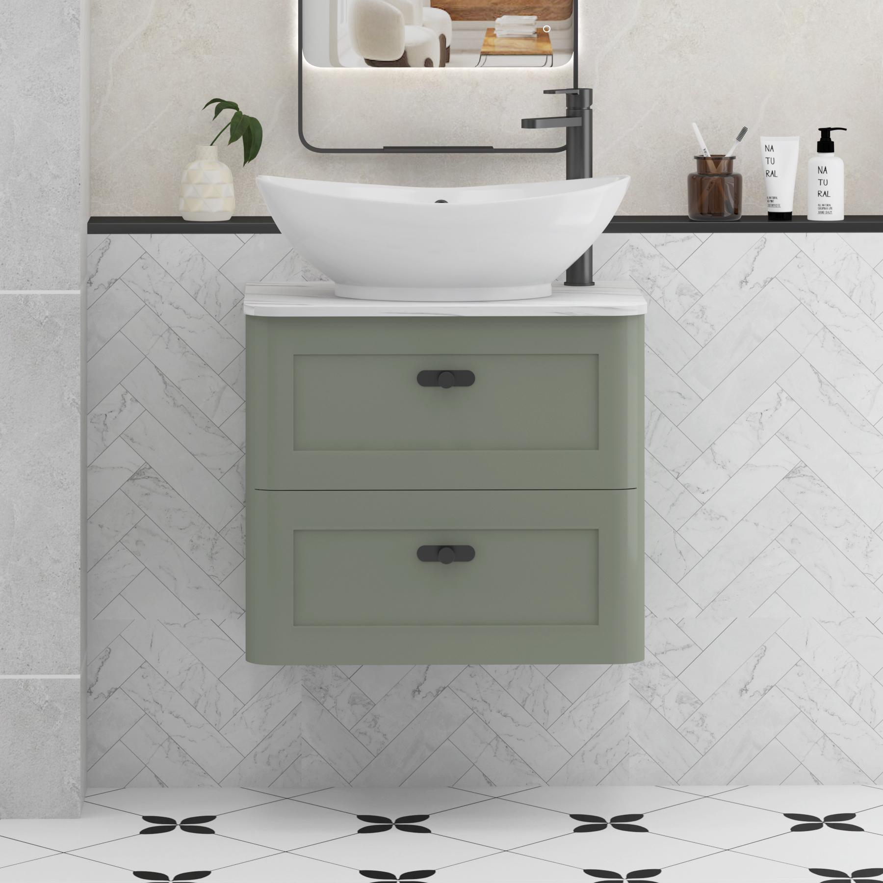 Henley Sage Green Wall Hung Vanity Unit 2 Drawer with Carrara White Worktop & Various Basins & Knobs