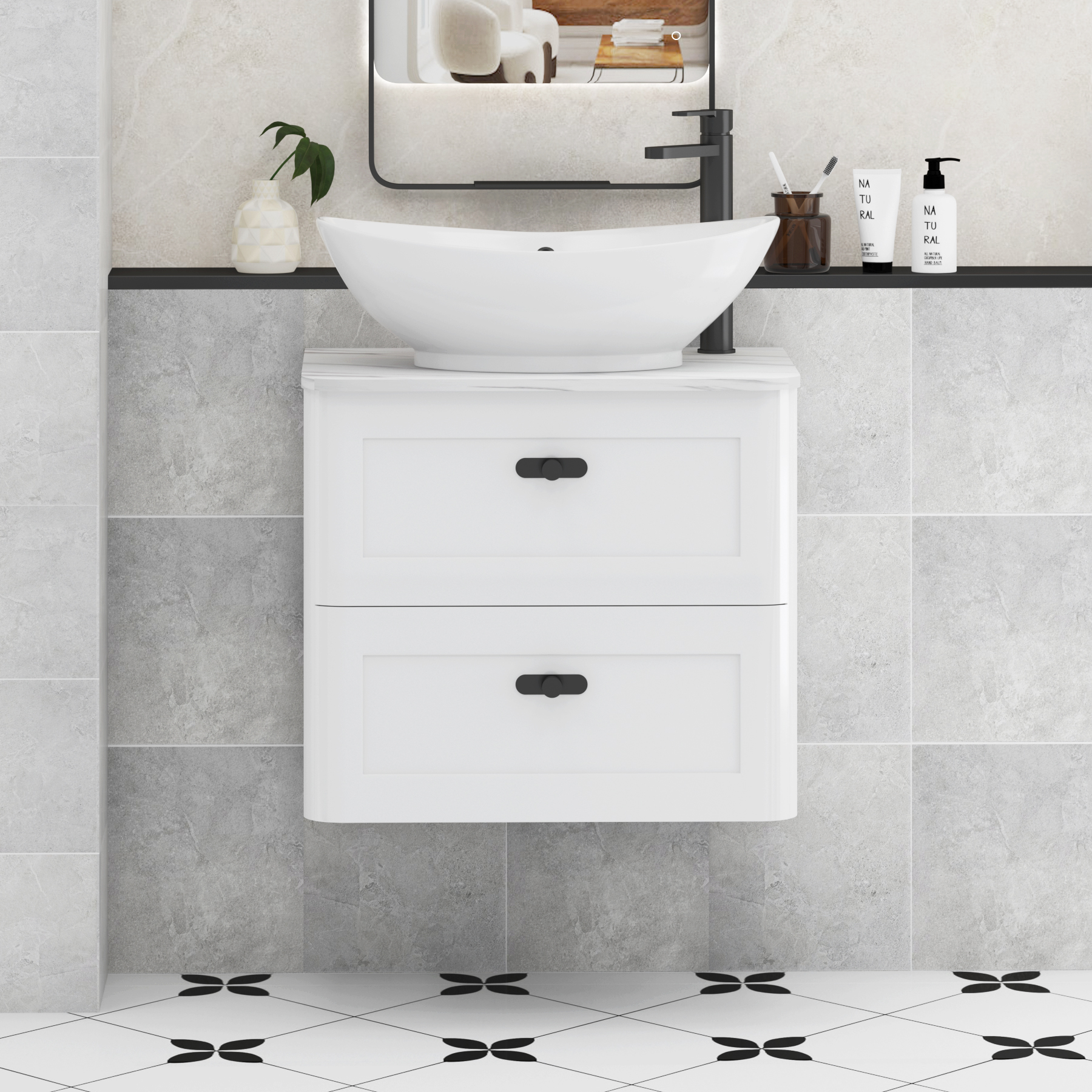 Henley Gloss White Wall Hung Vanity Unit 2 Drawer with Carrara White Worktop & Various Basins & Knobs