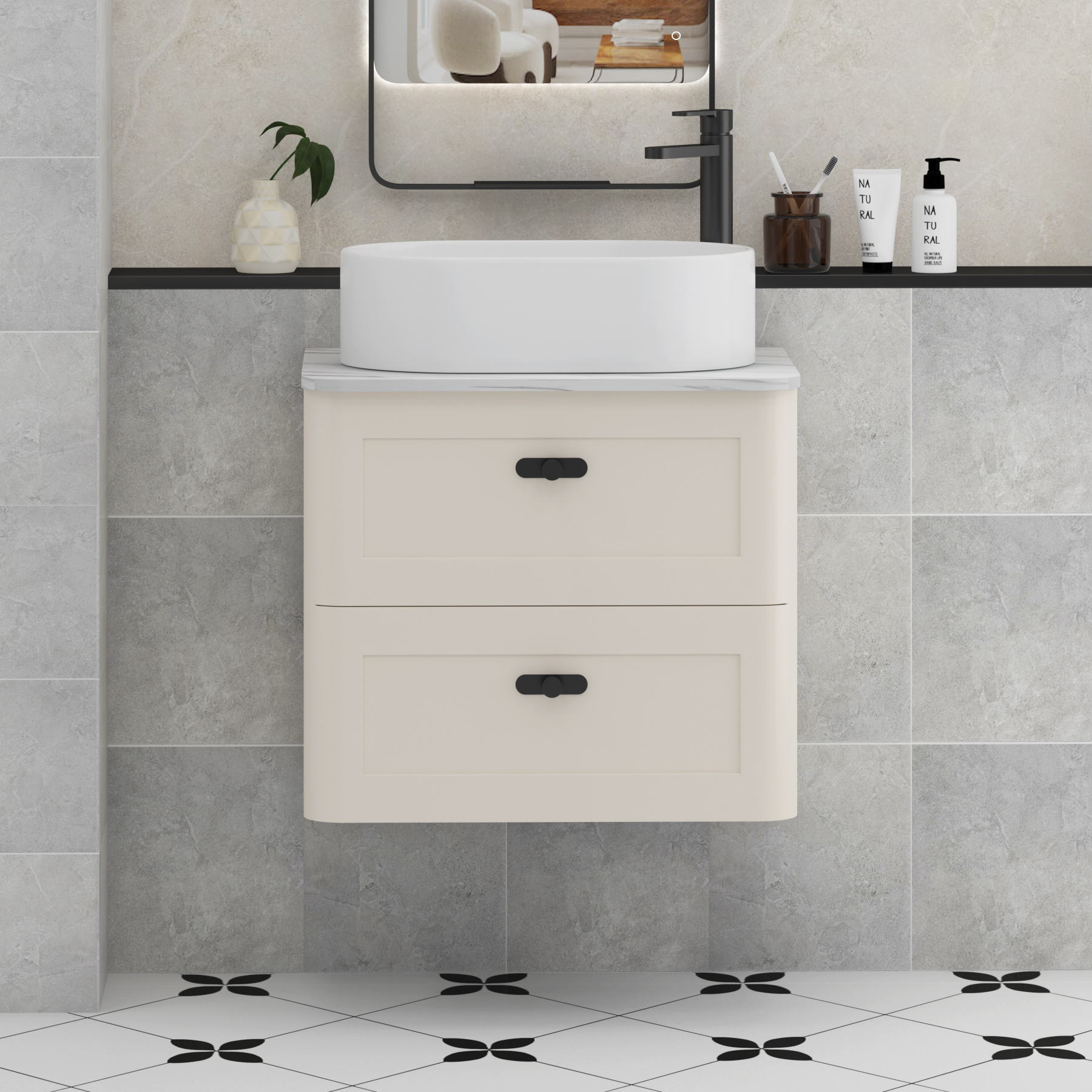 Henley Mushroom Cashmere Wall Hung Vanity Unit 2 Drawer with Carrara White Worktop & Various Basins & Knobs