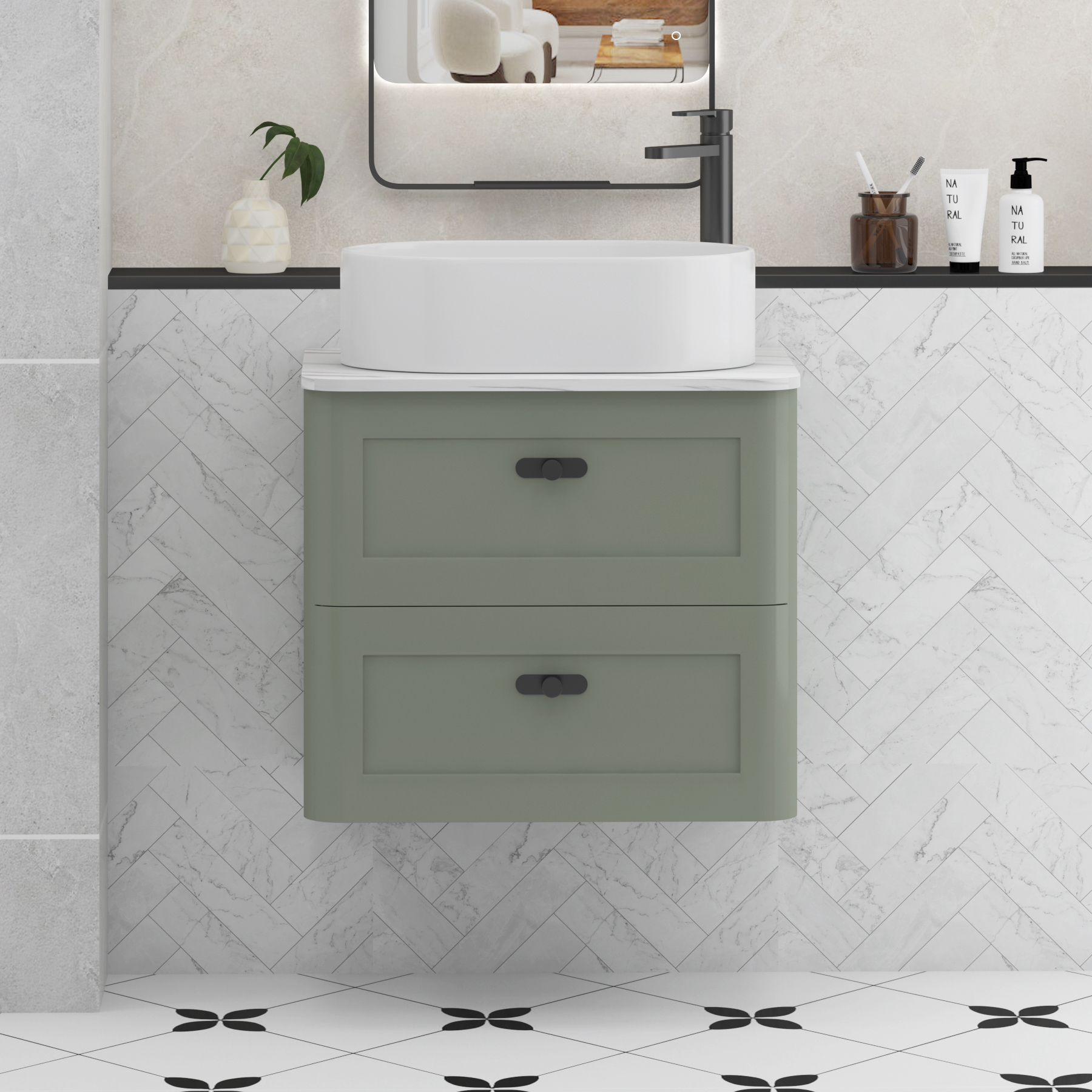 Henley Sage Green Wall Hung Vanity Unit 2 Drawer with Carrara White Worktop & Various Basins & Knobs
