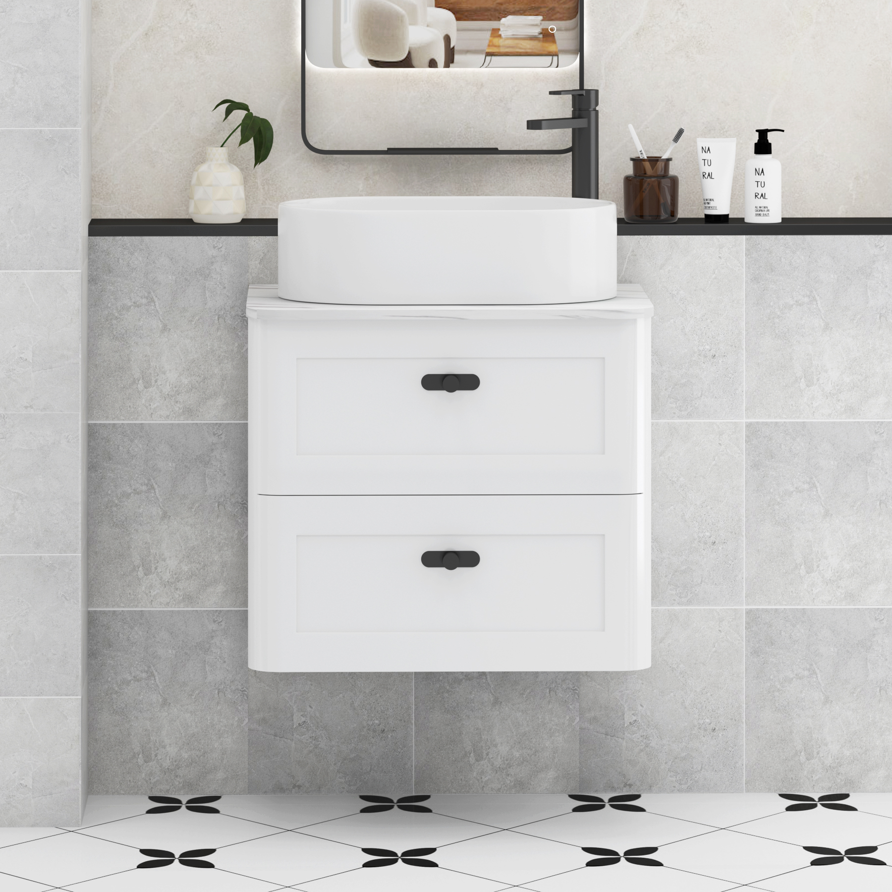 Henley Gloss White Wall Hung Vanity Unit 2 Drawer with Carrara White Worktop & Various Basins & Knobs
