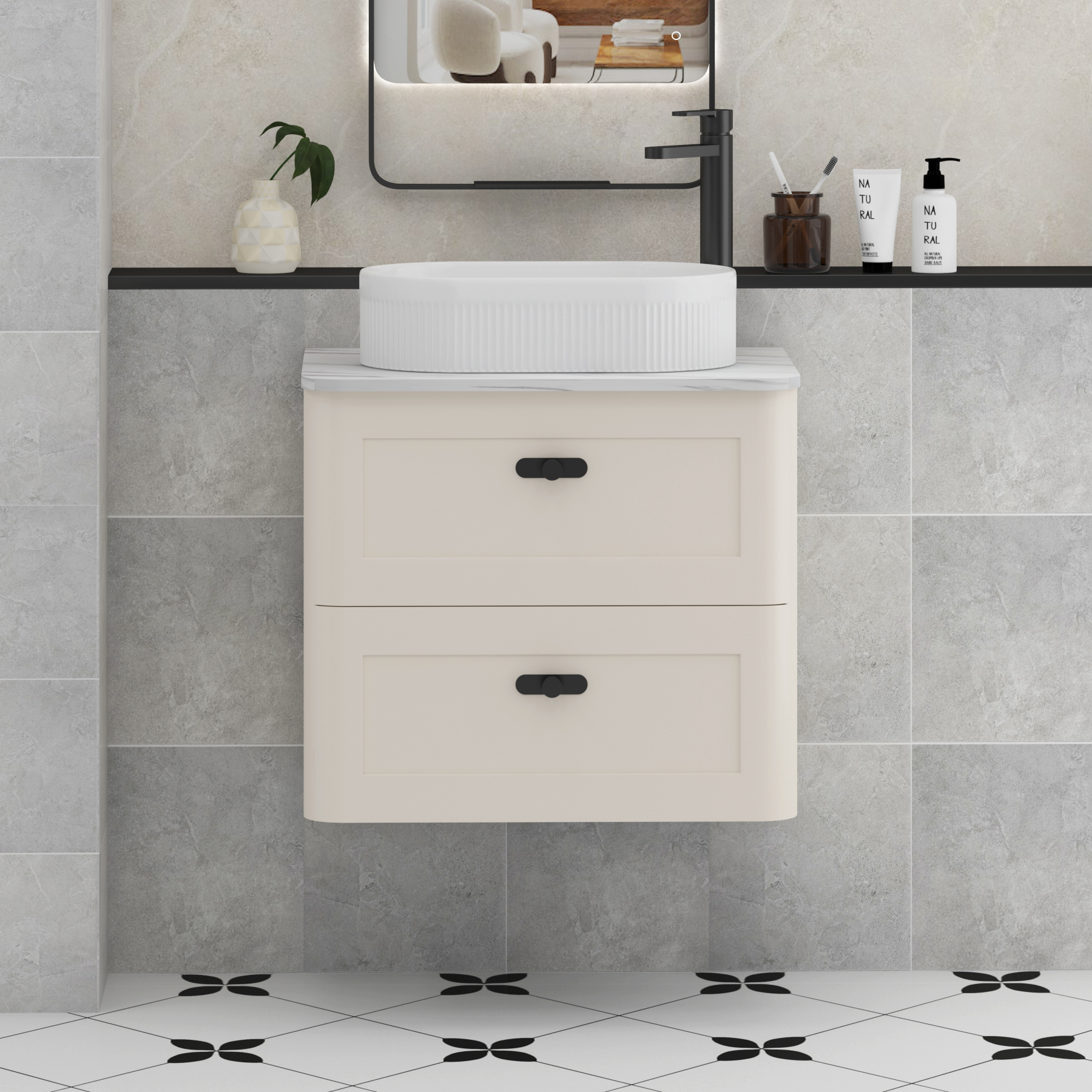 Henley Mushroom Cashmere Wall Hung Vanity Unit 2 Drawer with Carrara White Worktop & Various Basins & Knobs