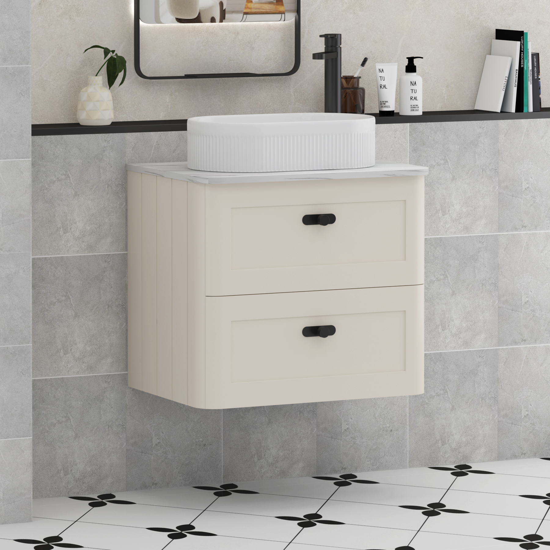 Henley Mushroom Cashmere Wall Hung Vanity Unit 2 Drawer with Carrara White Worktop & Various Basins & Knobs