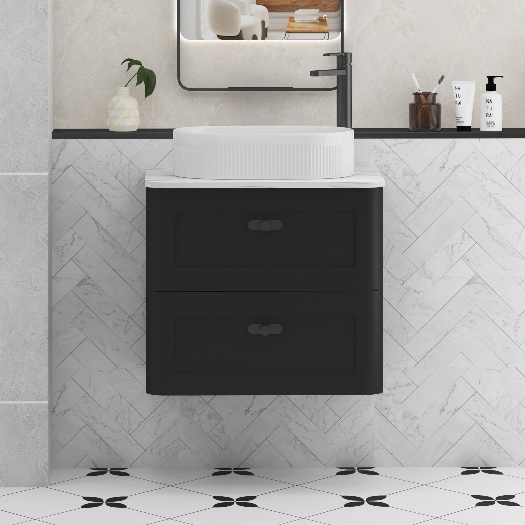 Henley Matt Nocturne Black Wall Hung Vanity Unit 2 Drawer with Carrara White Worktop & Various Basins & Knobs