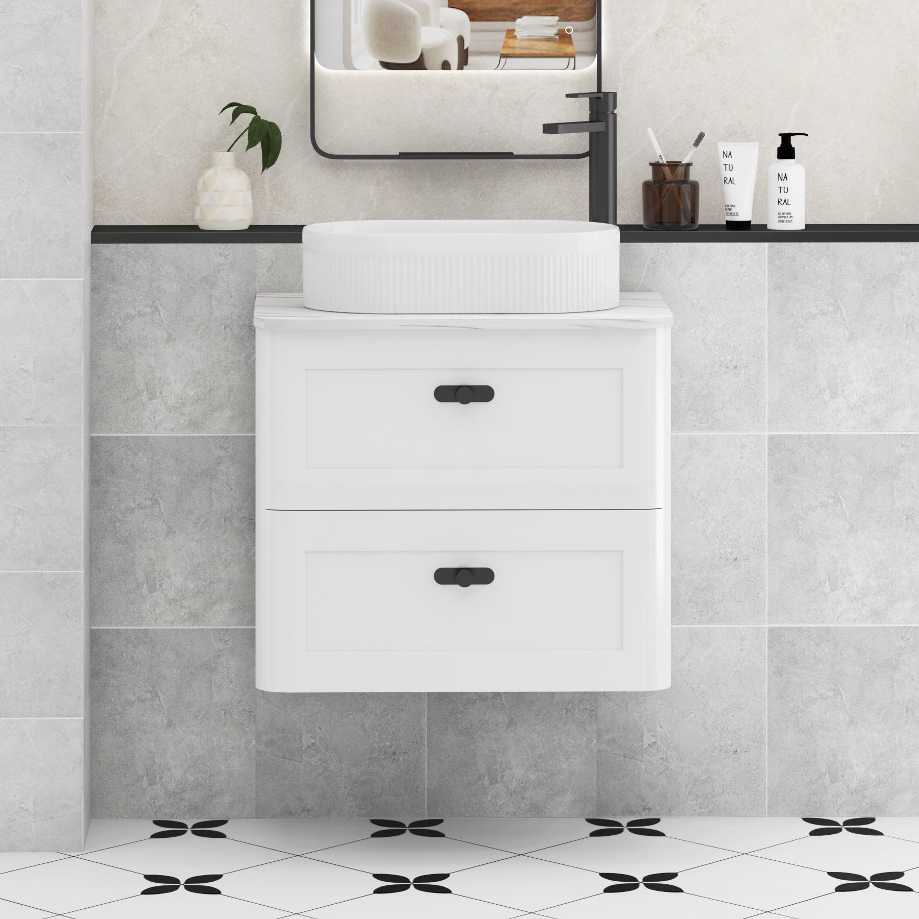 Henley Gloss White Wall Hung Vanity Unit 2 Drawer with Carrara White Worktop & Various Basins & Knobs