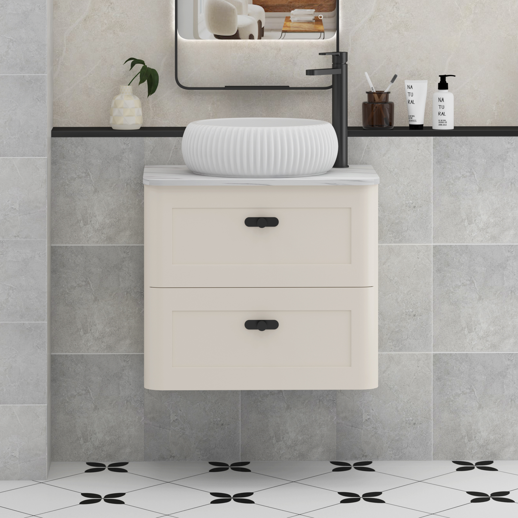 Henley Mushroom Cashmere Wall Hung Vanity Unit 2 Drawer with Carrara White Worktop & Various Basins & Knobs