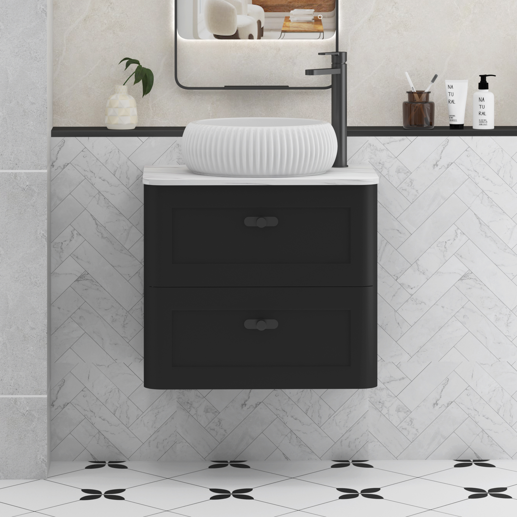 Henley Matt Nocturne Black Wall Hung Vanity Unit 2 Drawer with Carrara White Worktop & Various Basins & Knobs