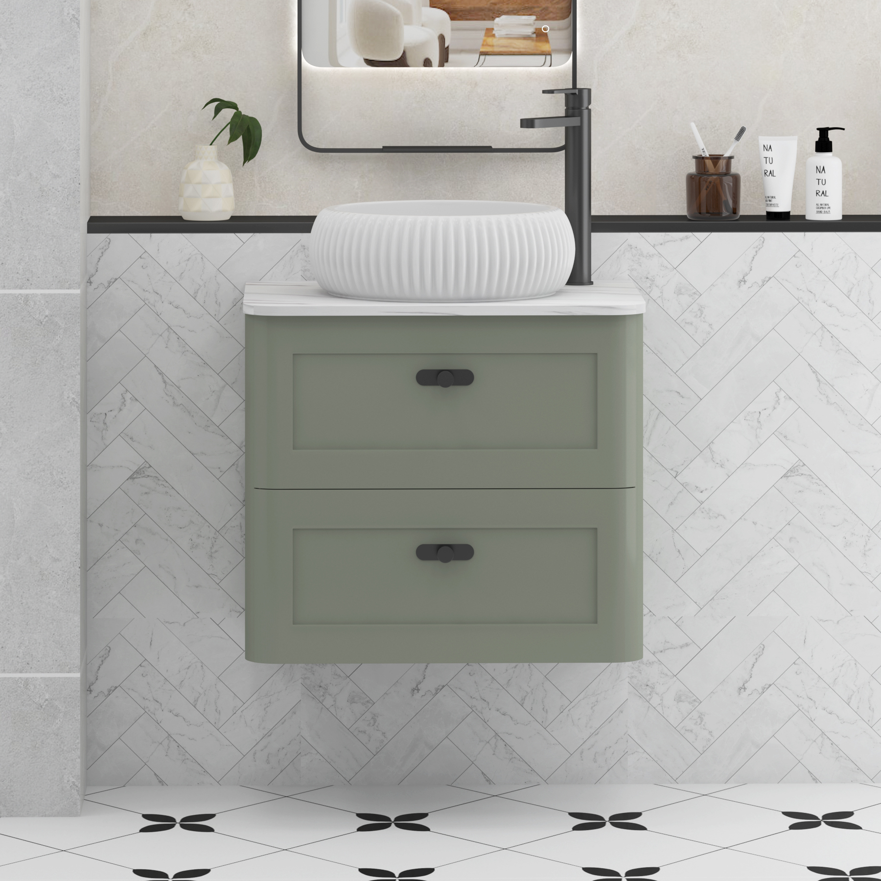 Henley Sage Green Wall Hung Vanity Unit 2 Drawer with Carrara White Worktop & Various Basins & Knobs