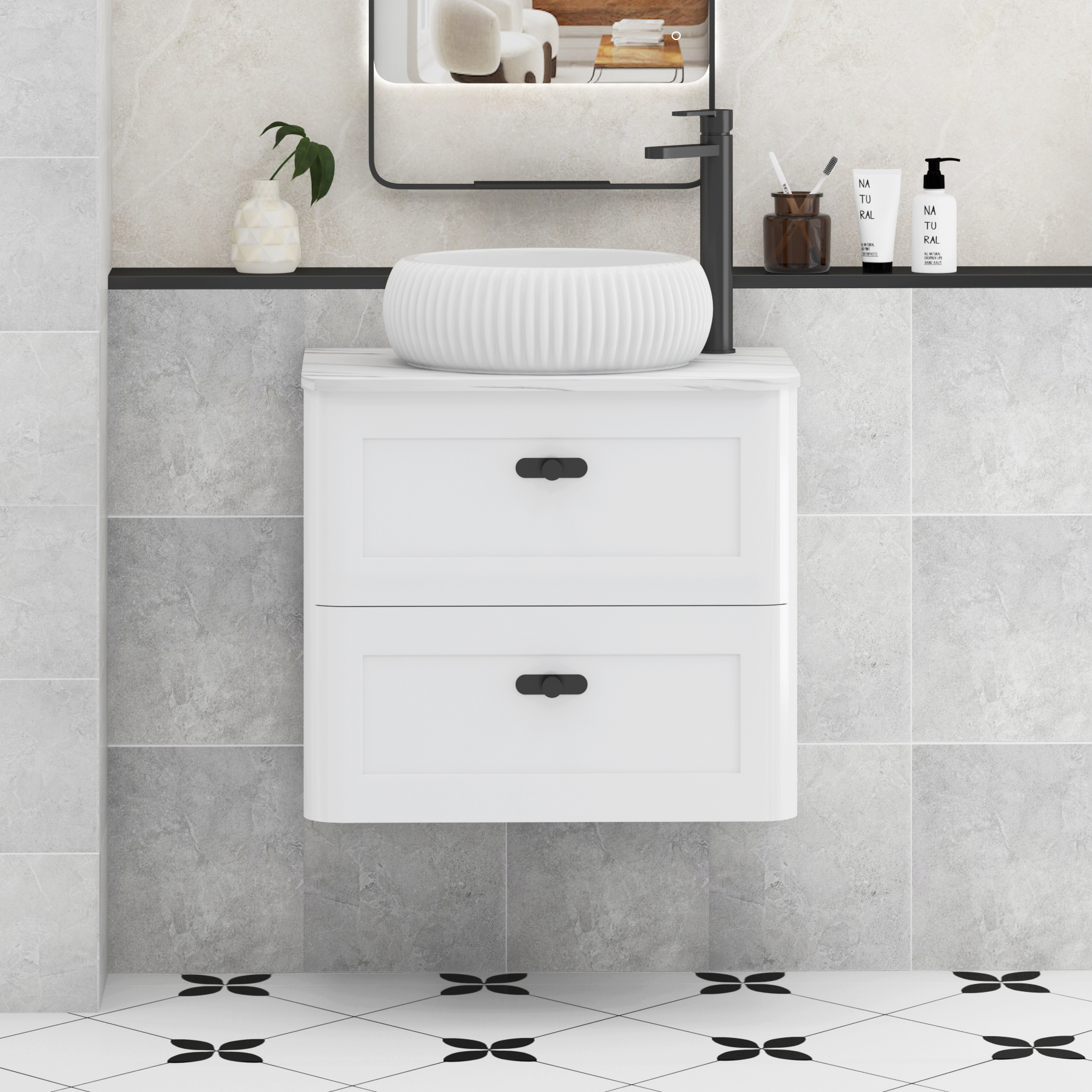 Henley Gloss White Wall Hung Vanity Unit 2 Drawer with Carrara White Worktop & Various Basins & Knobs