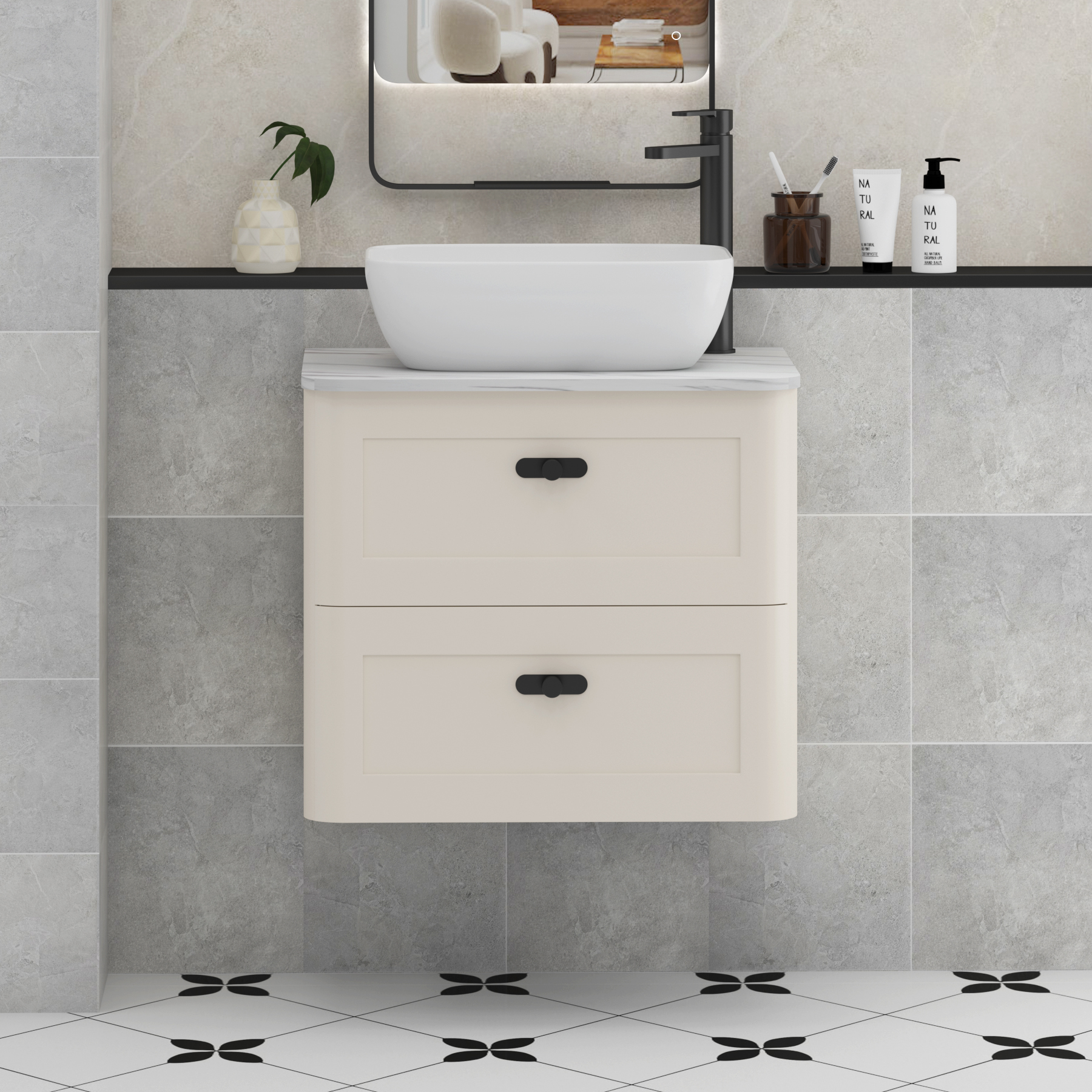 Henley Mushroom Cashmere Wall Hung Vanity Unit 2 Drawer with Carrara White Worktop & Various Basins & Knobs
