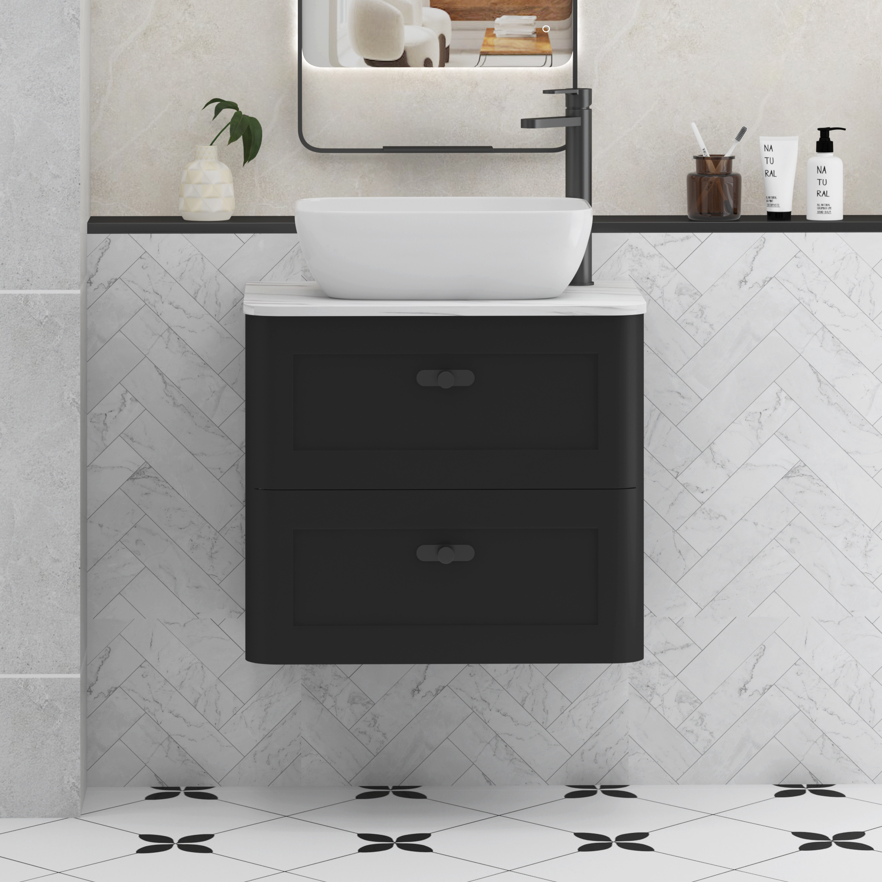 Henley Matt Nocturne Black Wall Hung Vanity Unit 2 Drawer with Carrara White Worktop & Various Basins & Knobs