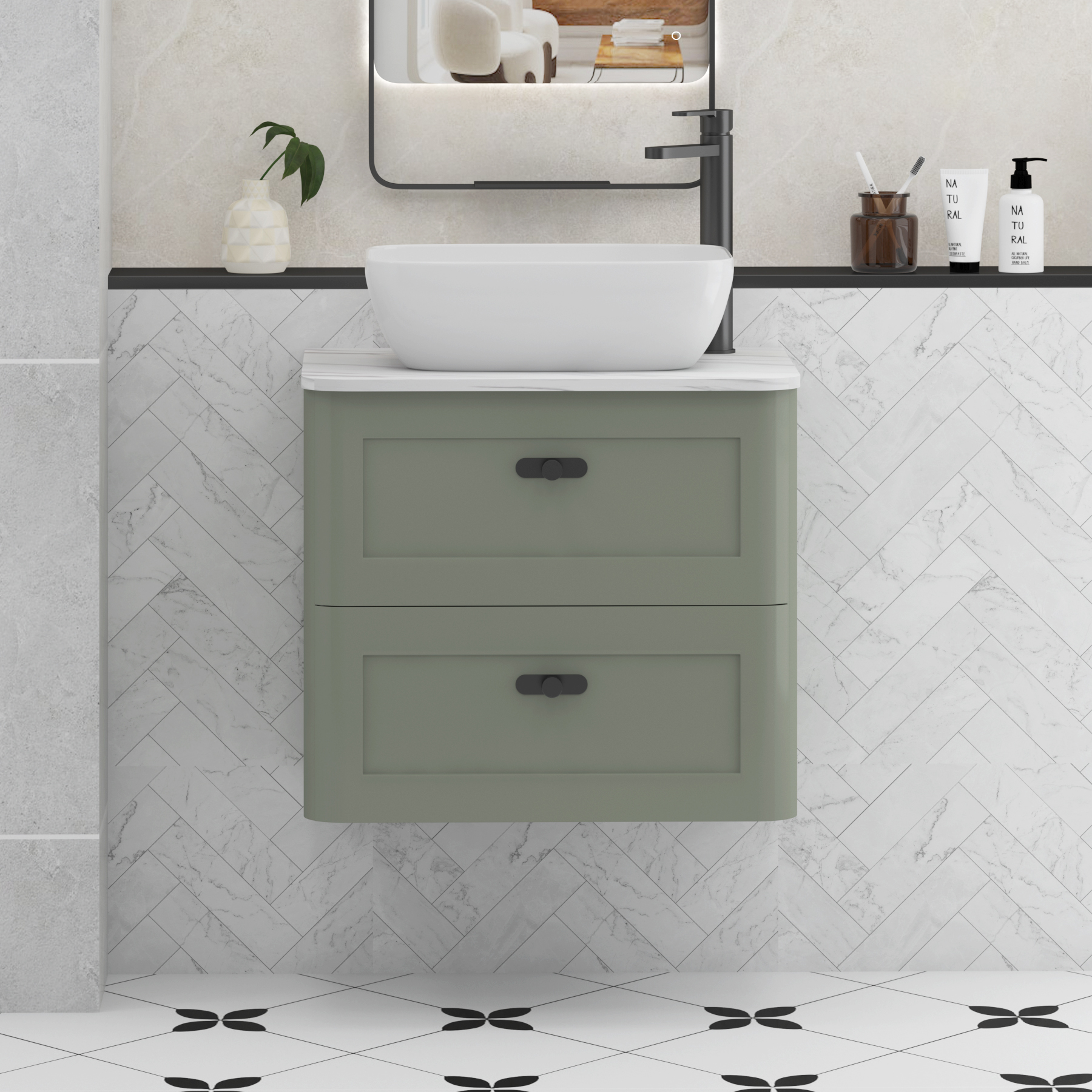 Henley Sage Green Wall Hung Vanity Unit 2 Drawer with Carrara White Worktop & Various Basins & Knobs