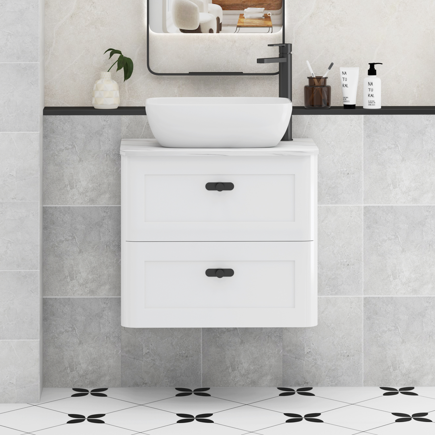 Henley Gloss White Wall Hung Vanity Unit 2 Drawer with Carrara White Worktop & Various Basins & Knobs
