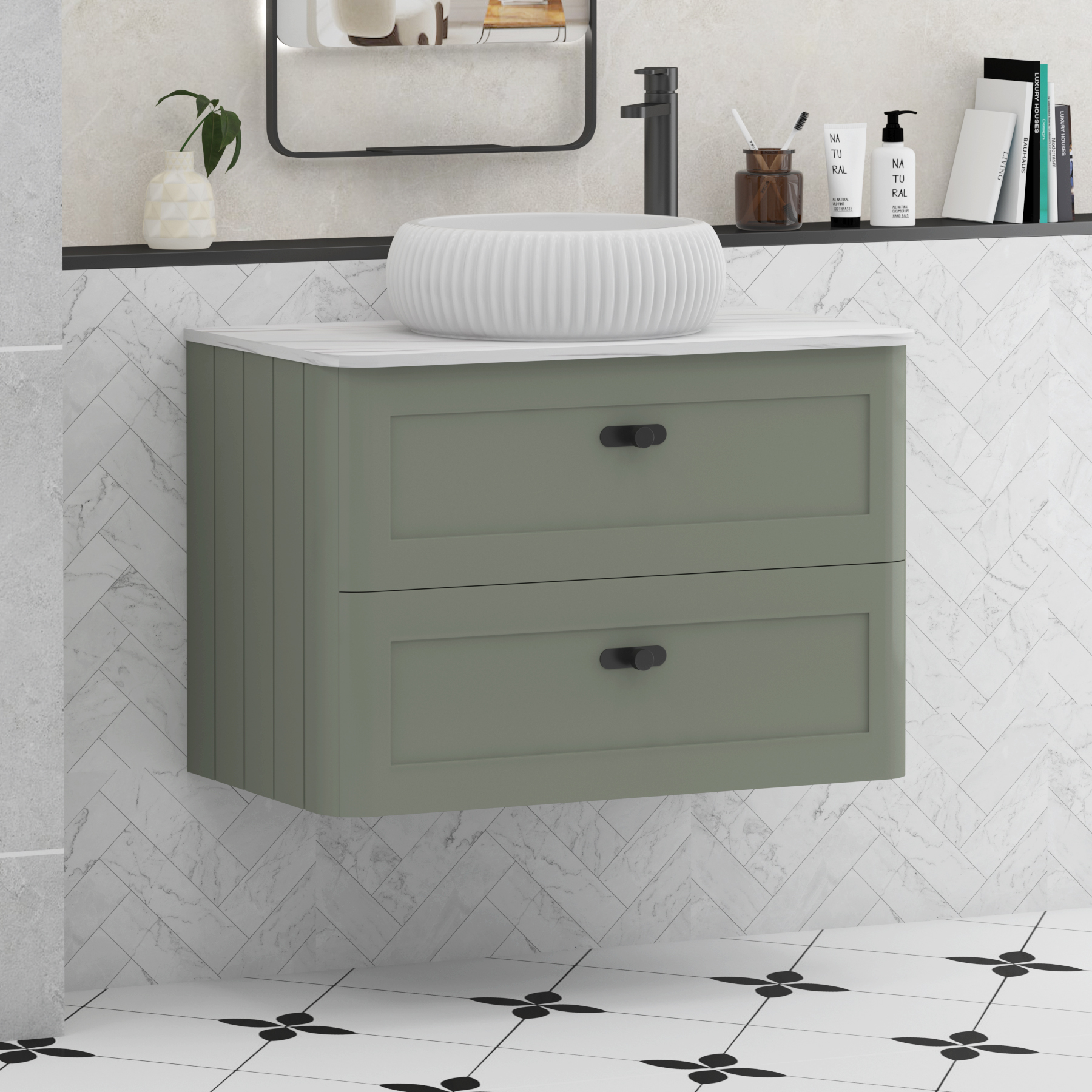 Henley 2 Drawer Wall Hung Vanity Unit – Multiple Sizes, Colours, Knobs, Worktop & Basins Options