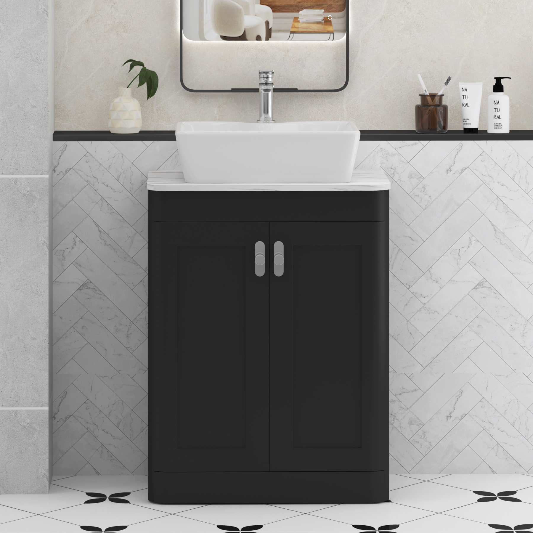 Henley Matt Nocturne Black Floor Standing Vanity Unit 2 Door with Carrara White Worktop & Various Basins & Knobs