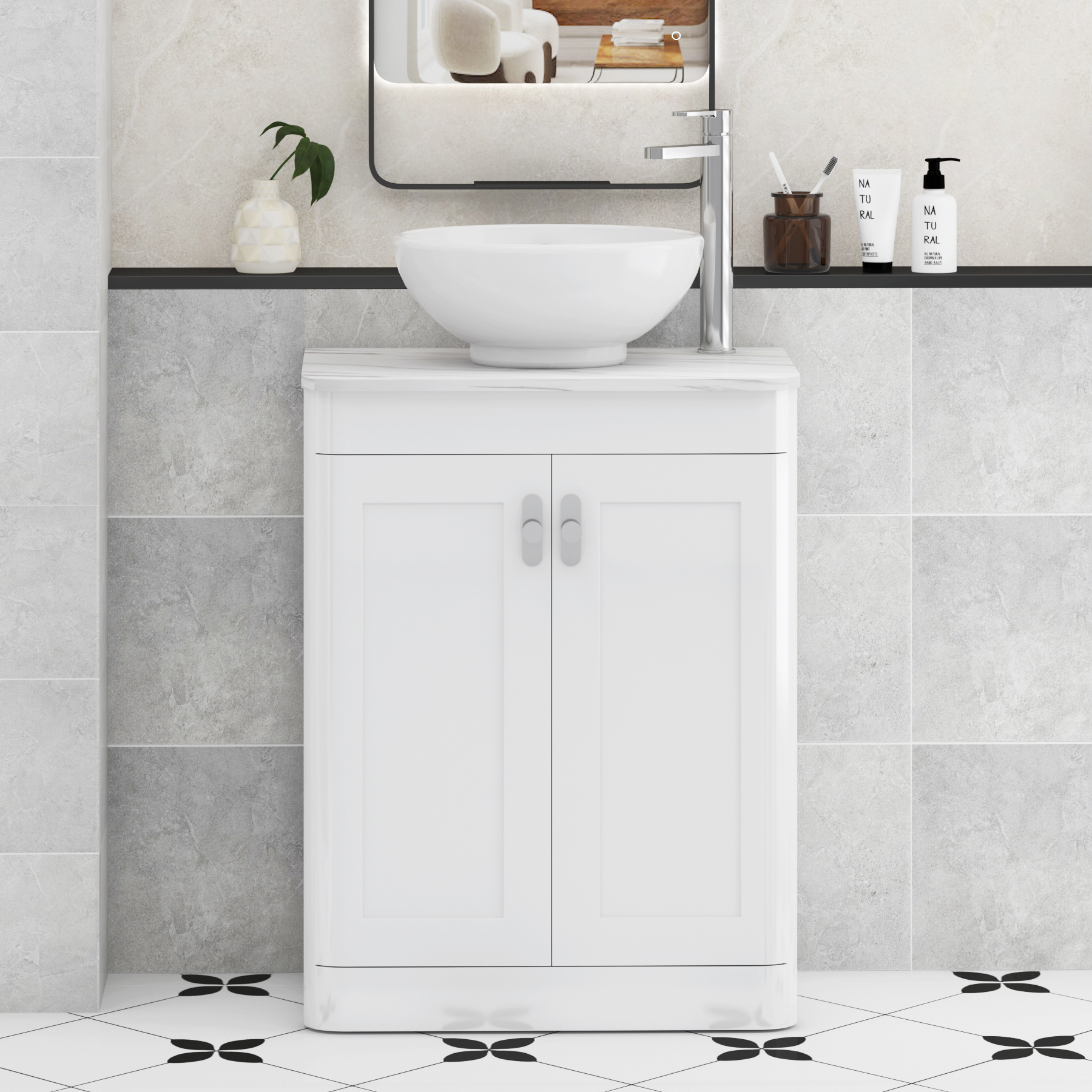 Henley Gloss White Floor Standing Vanity Unit 2 Door with Carrara White Worktop & Various Basins & Knobs