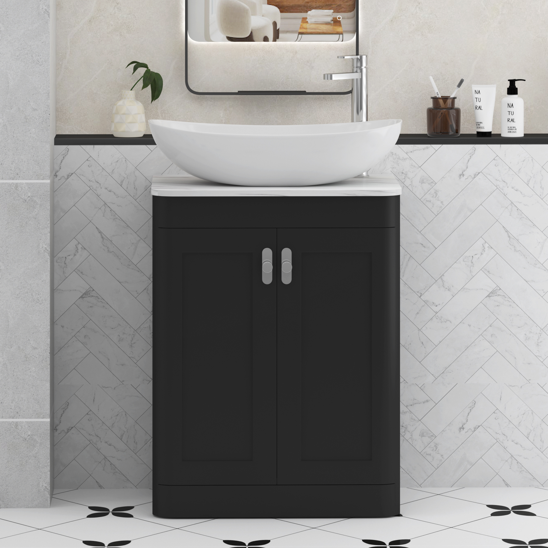 Henley Matt Nocturne Black Floor Standing Vanity Unit 2 Door with Carrara White Worktop & Various Basins & Knobs