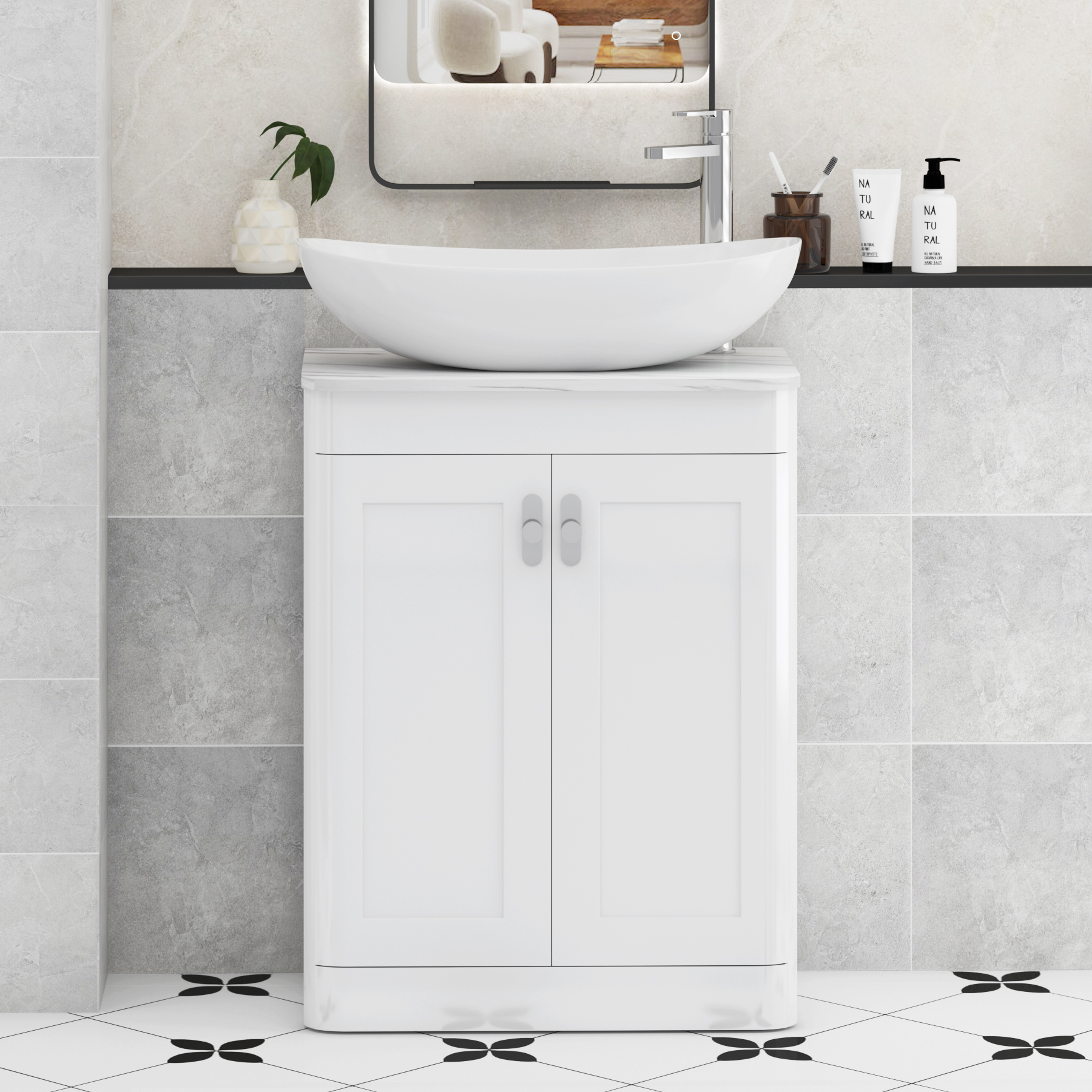 Henley Gloss White Floor Standing Vanity Unit 2 Door with Carrara White Worktop & Various Basins & Knobs